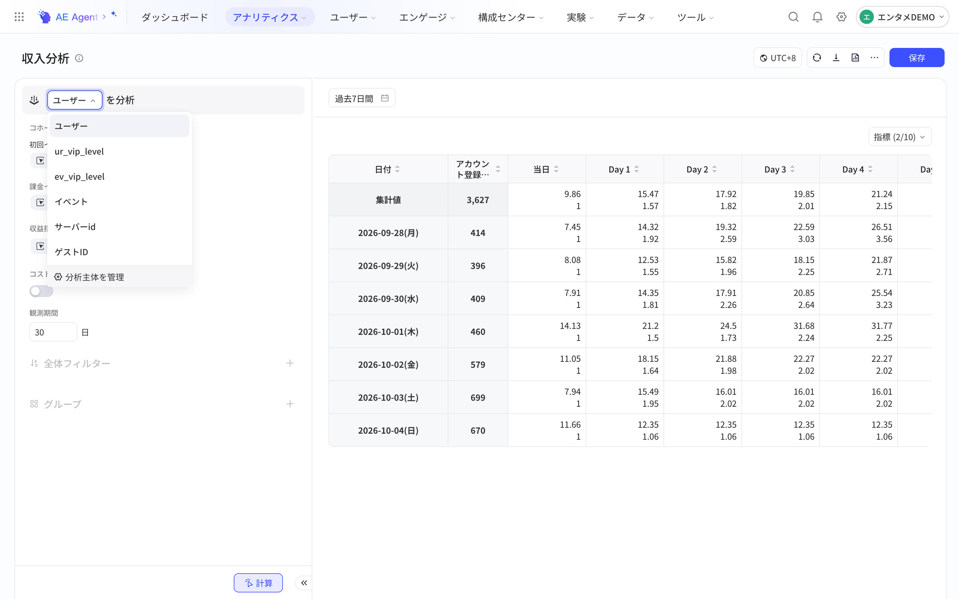 收入分析展开「对 用户 进行分析」的分析主体下拉