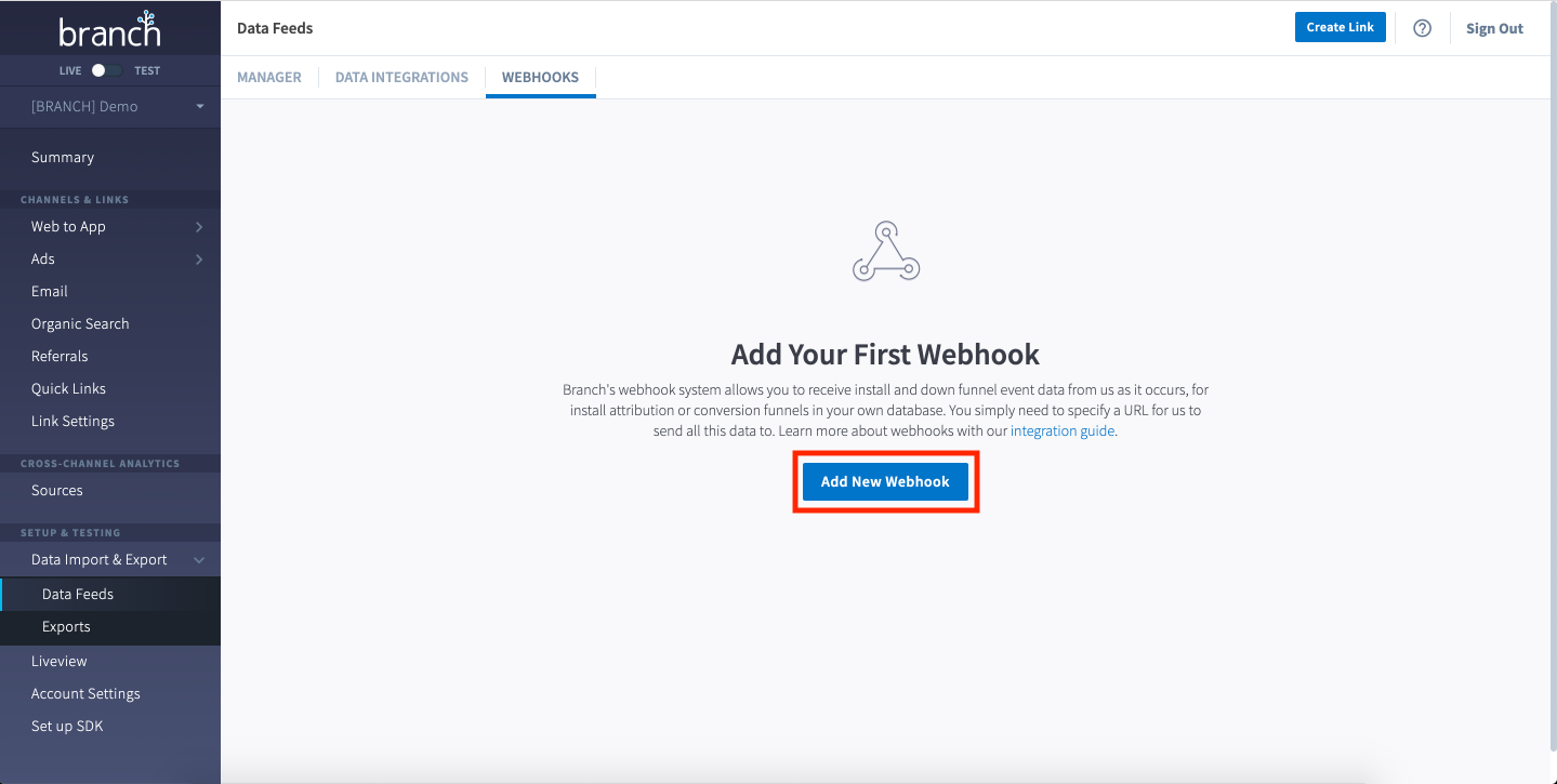 Branch 后台 Data Feeds 的 WEBHOOKS 标签页，框出「Add New Webhook」按钮