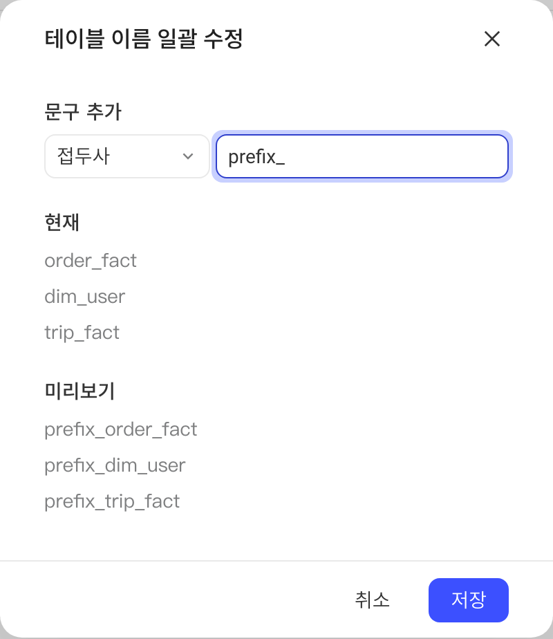 批量修改表名弹窗：添加前缀 prefix_，下方对比当前视图名和预览的新名字