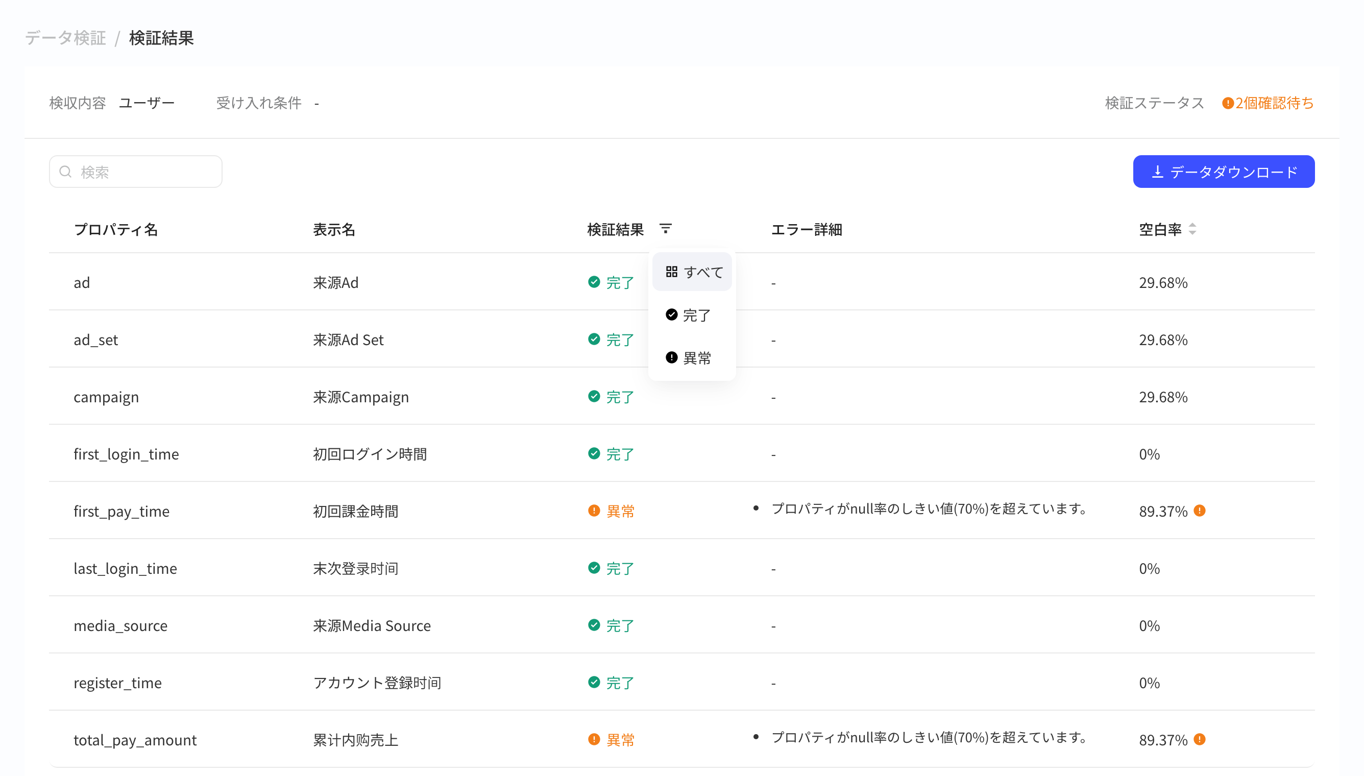 用户数据的验收结果页，展开验收结果筛选，列出各属性的空值率