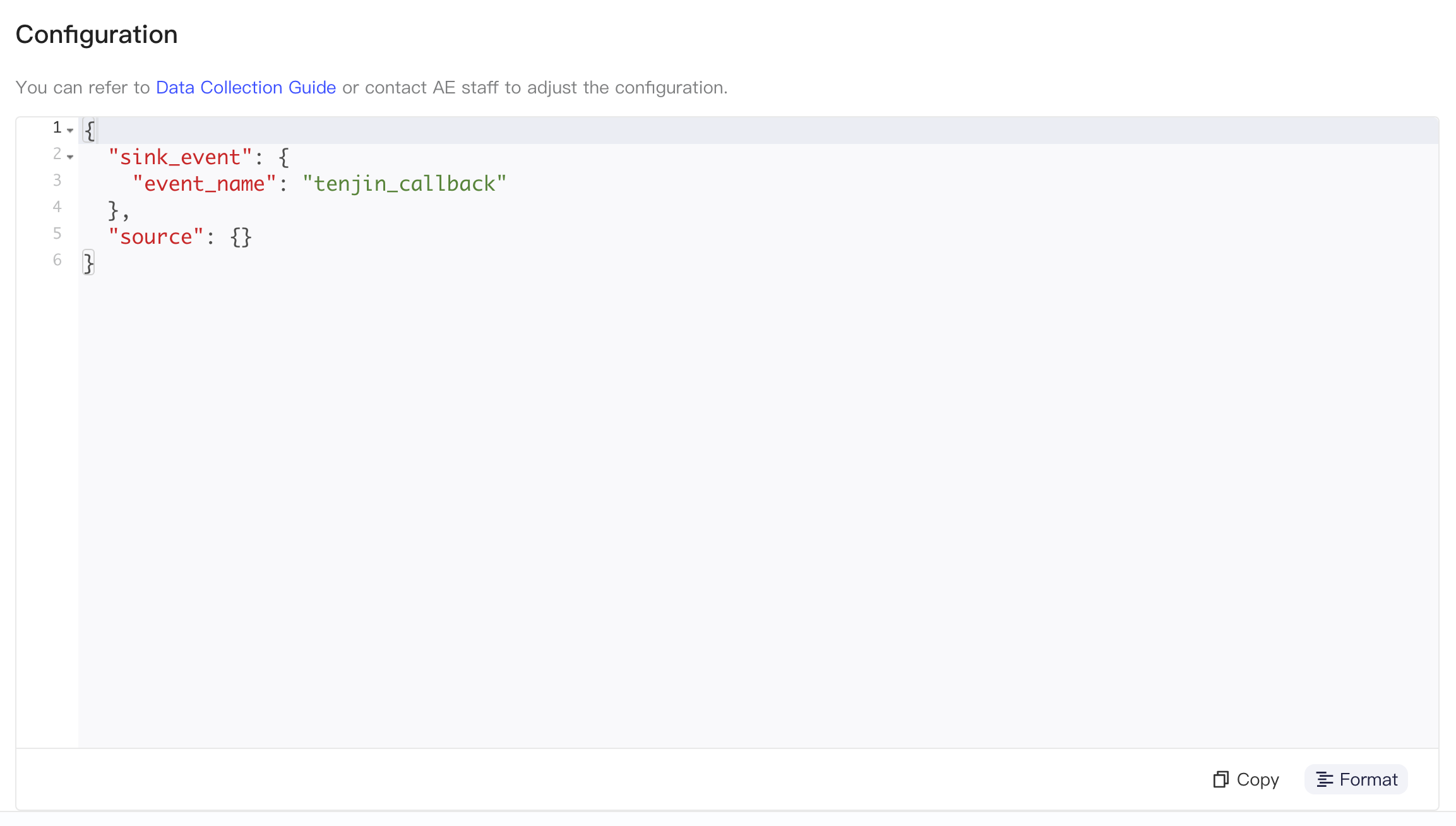 集成配置区块中格式化后的 JSON，入库事件名为 tenjin_callback