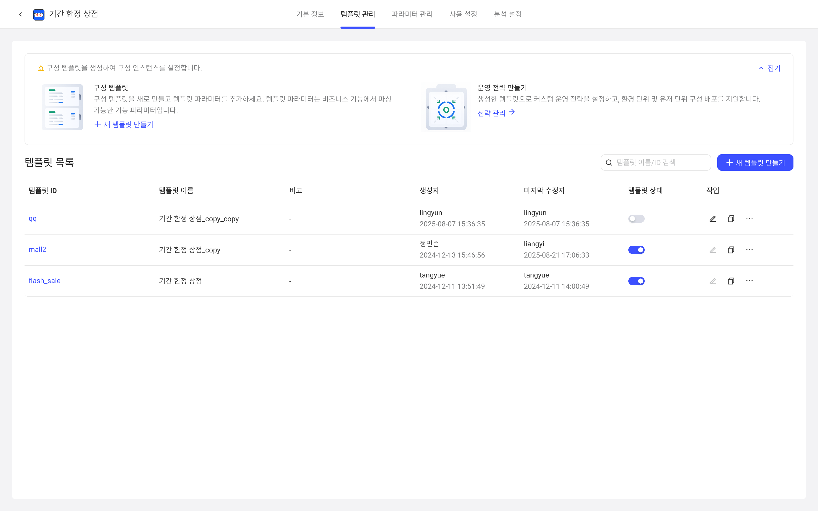 配置项详情的模板管理页，模板列表显示模板 ID、名称、创建人和启用状态开关