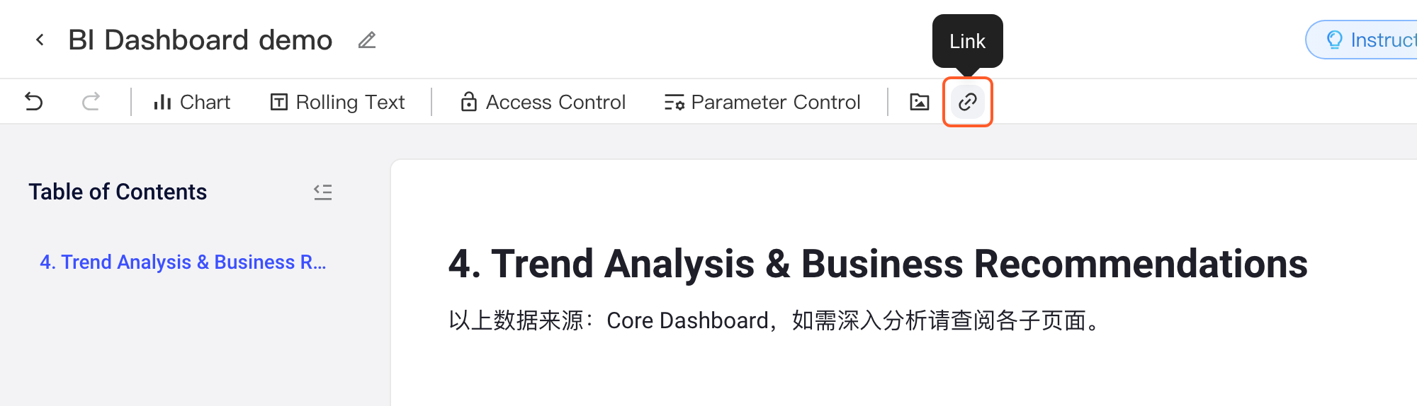 插入链接方式一第 1 步：光标停在正文下方的空行，悬停顶部工具栏的链接按钮浮出「链接」提示，框出链接按钮