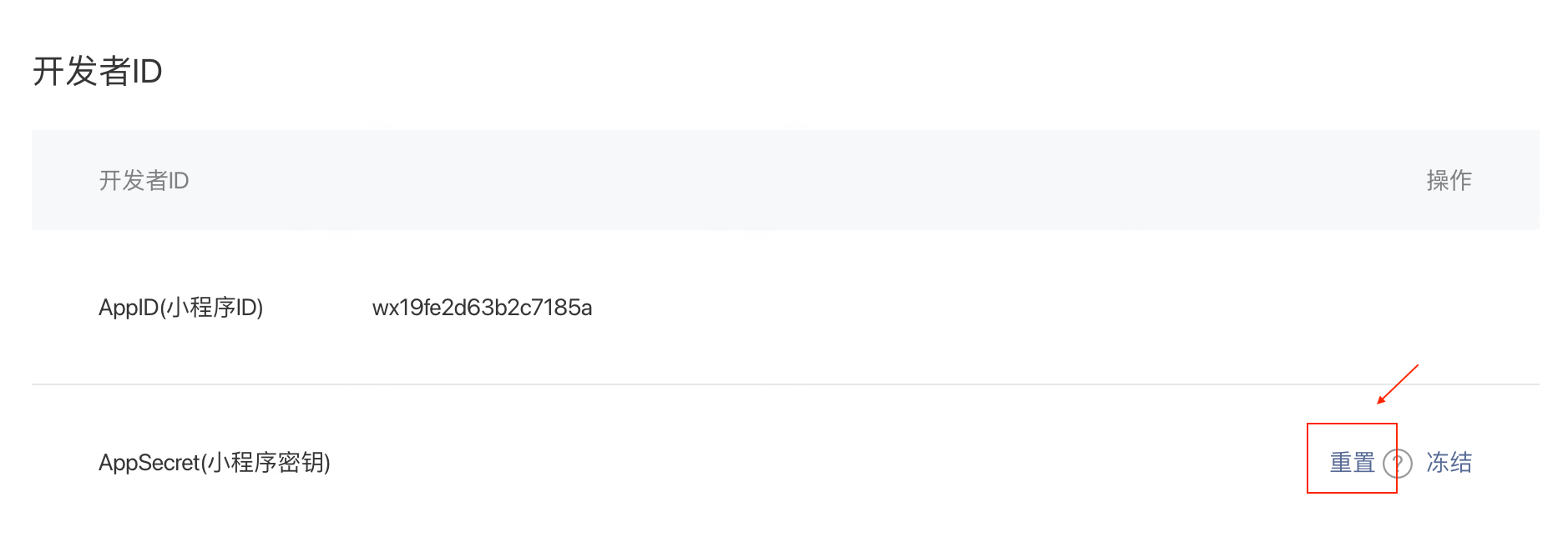微信小程序后台开发者 ID 区域，框出 AppSecret 的「重置」入口