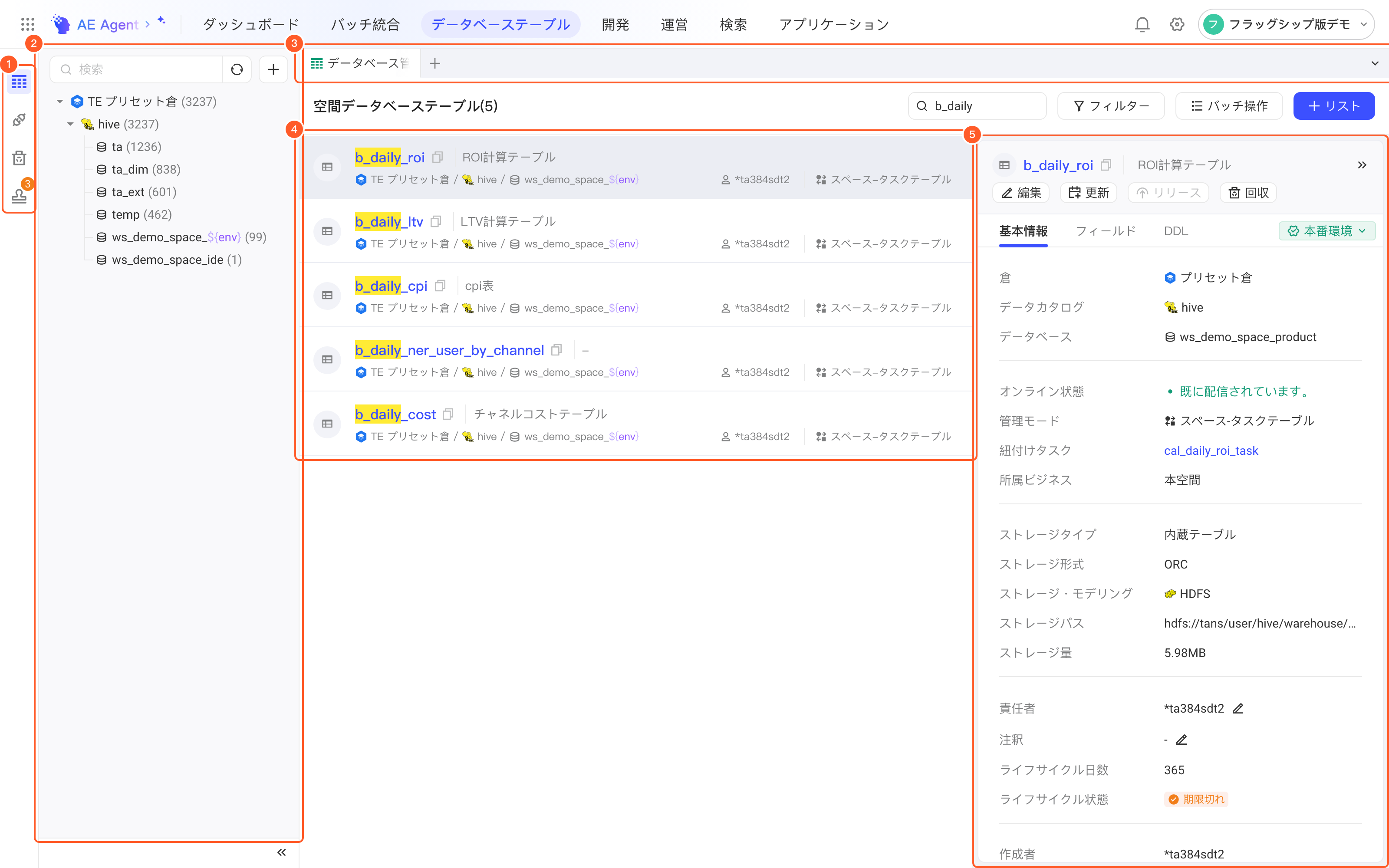 库表页整体布局，编号标出功能切换区、字典区、页签区、页面内容区和抽屉区