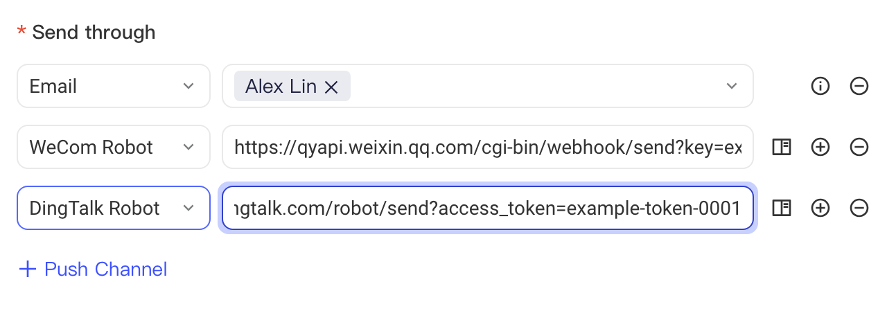 推送渠道区新增钉钉机器人一行并填写 Webhook 地址