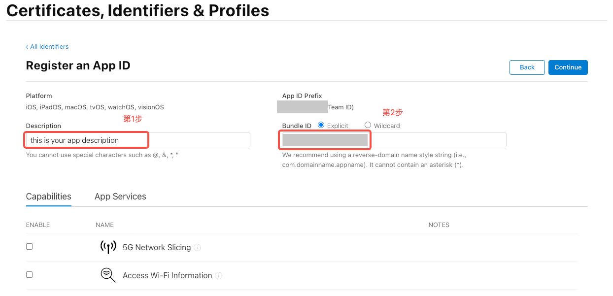 苹果开发者后台「Register an App ID」页，标注第1步填写 Description、第2步选 Explicit 并填写 Bundle ID