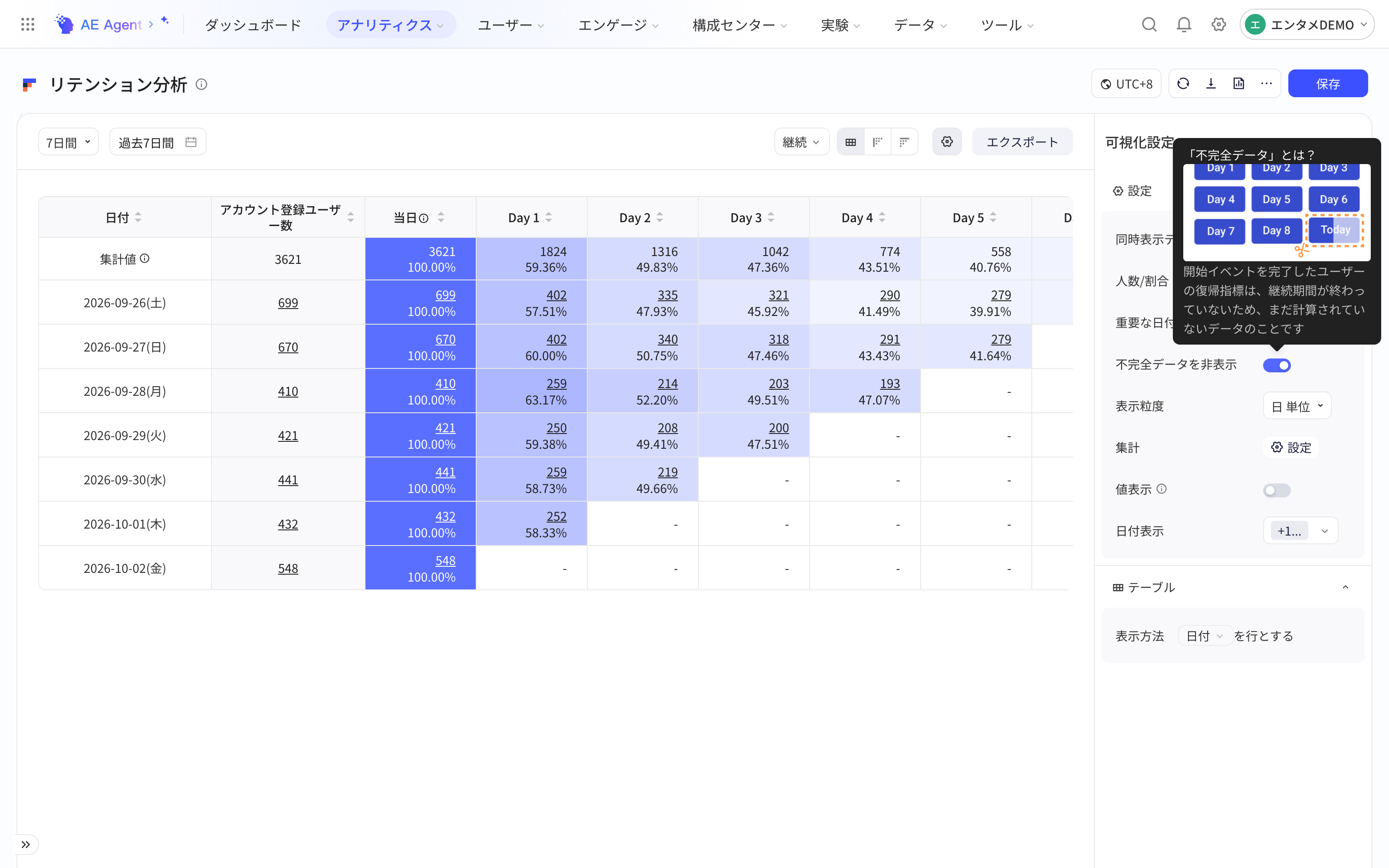 开启「隐藏不完整数据」后不完整单元格显示为「-」，并提示什么是不完整日期