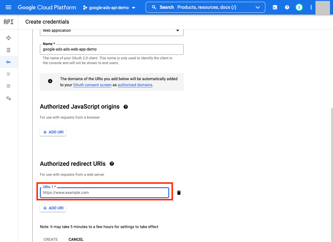 OAuth 客户端设置页，框出 Authorized redirect URIs 的回调地址输入框