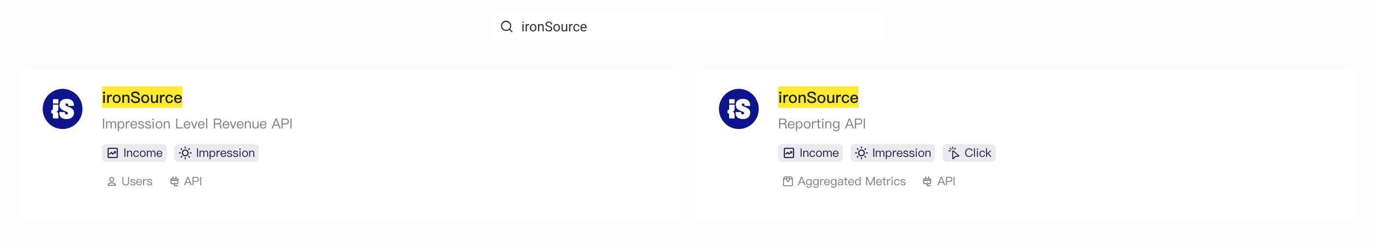 两个 ironSource 接口：Impression Level Revenue API、Reporting API