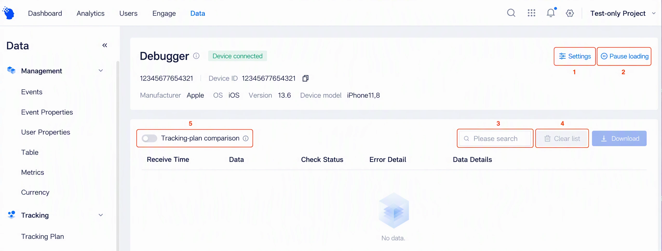 已接入设备的 Debug 模式页，显示设备信息，标出配置、暂停加载、搜索、清空列表和埋点对比开关