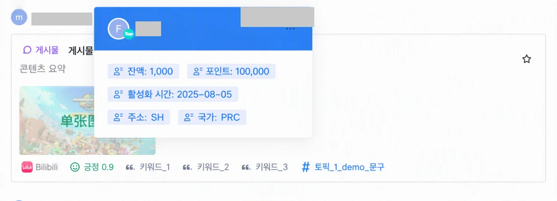 悬停发帖人时弹出的用户信息卡片，展示余额、积分、激活时间等关联字段