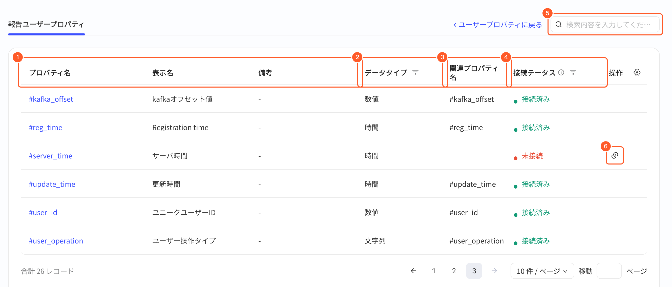 上报用户属性列表，框出关联属性名、连接状态和创建并连接按钮