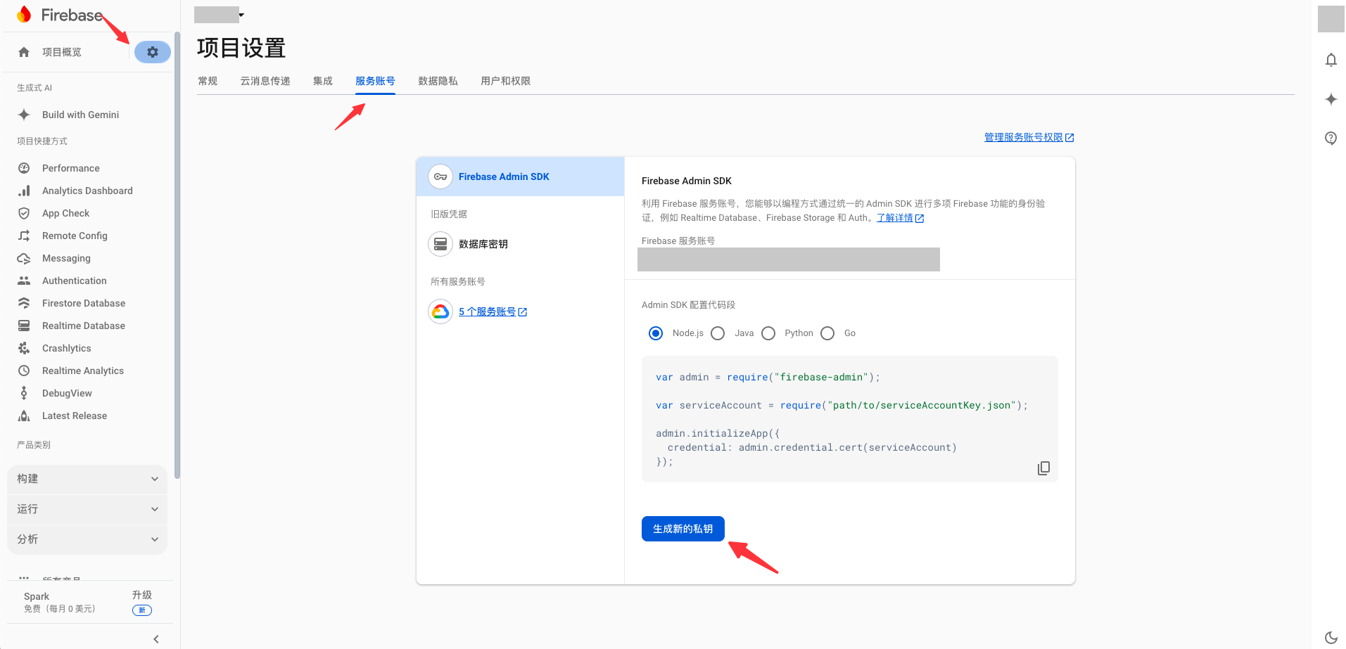 Firebase 控制台「项目设置 > 服务账号」页的 Firebase Admin SDK 区，箭头指向「生成新的私钥」按钮
