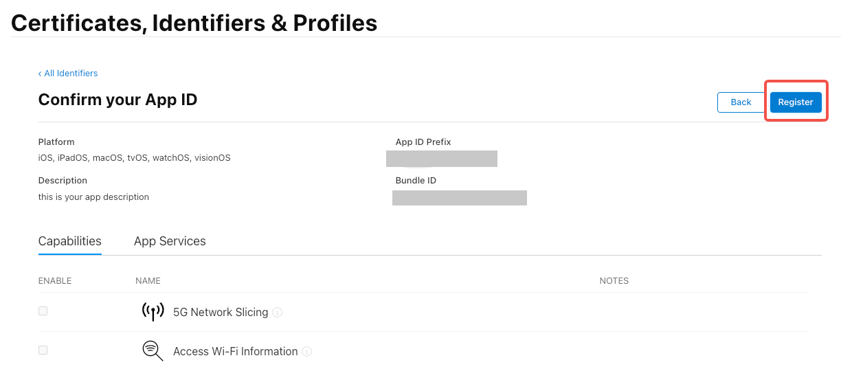 苹果开发者后台「Confirm your App ID」确认页，列出平台、描述和 Bundle ID，框出右上角「Register」按钮