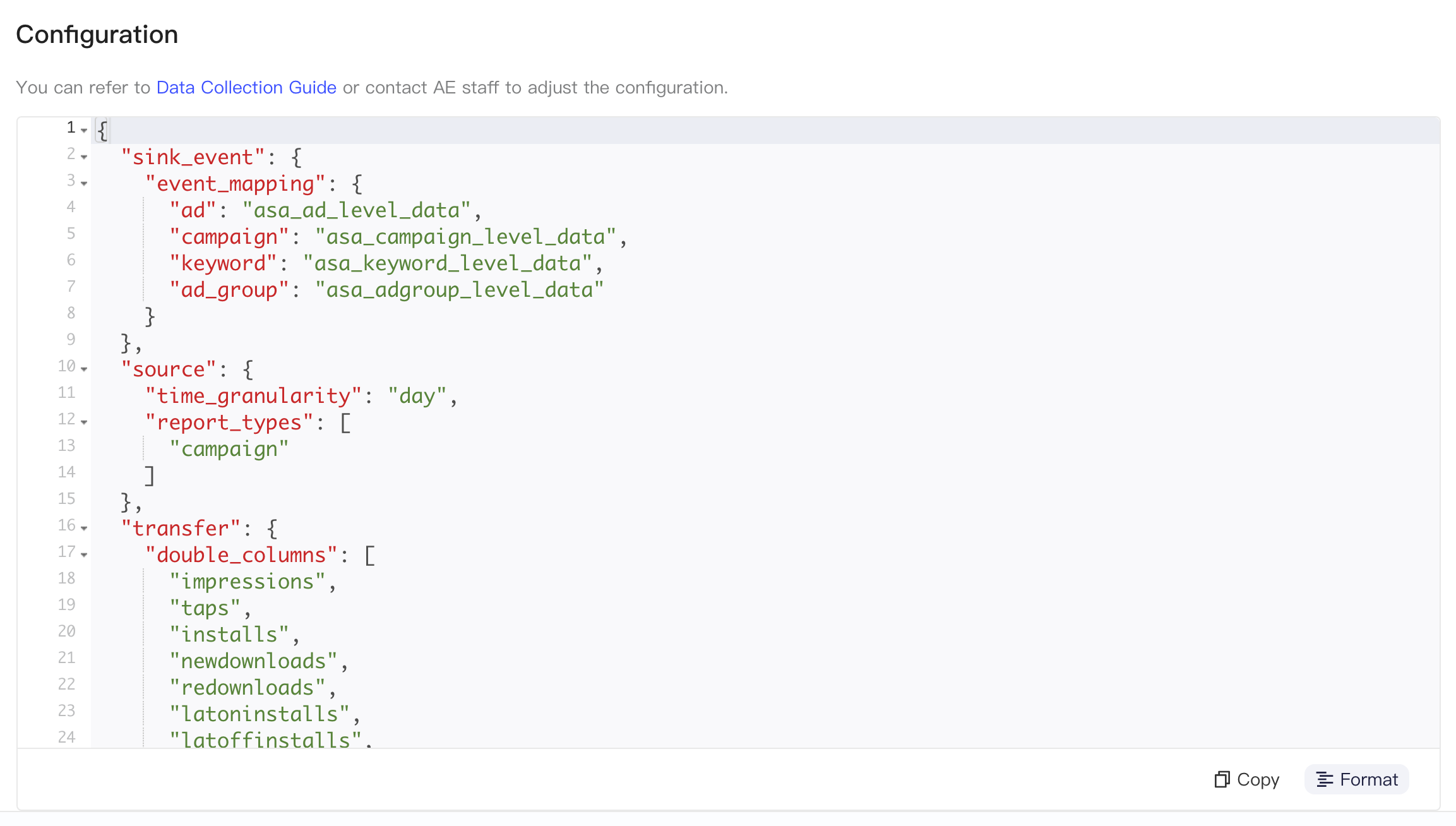 Apple Search Ads 方案的集成配置区块，格式化后的 JSON 含事件映射、时间粒度和报表层级
