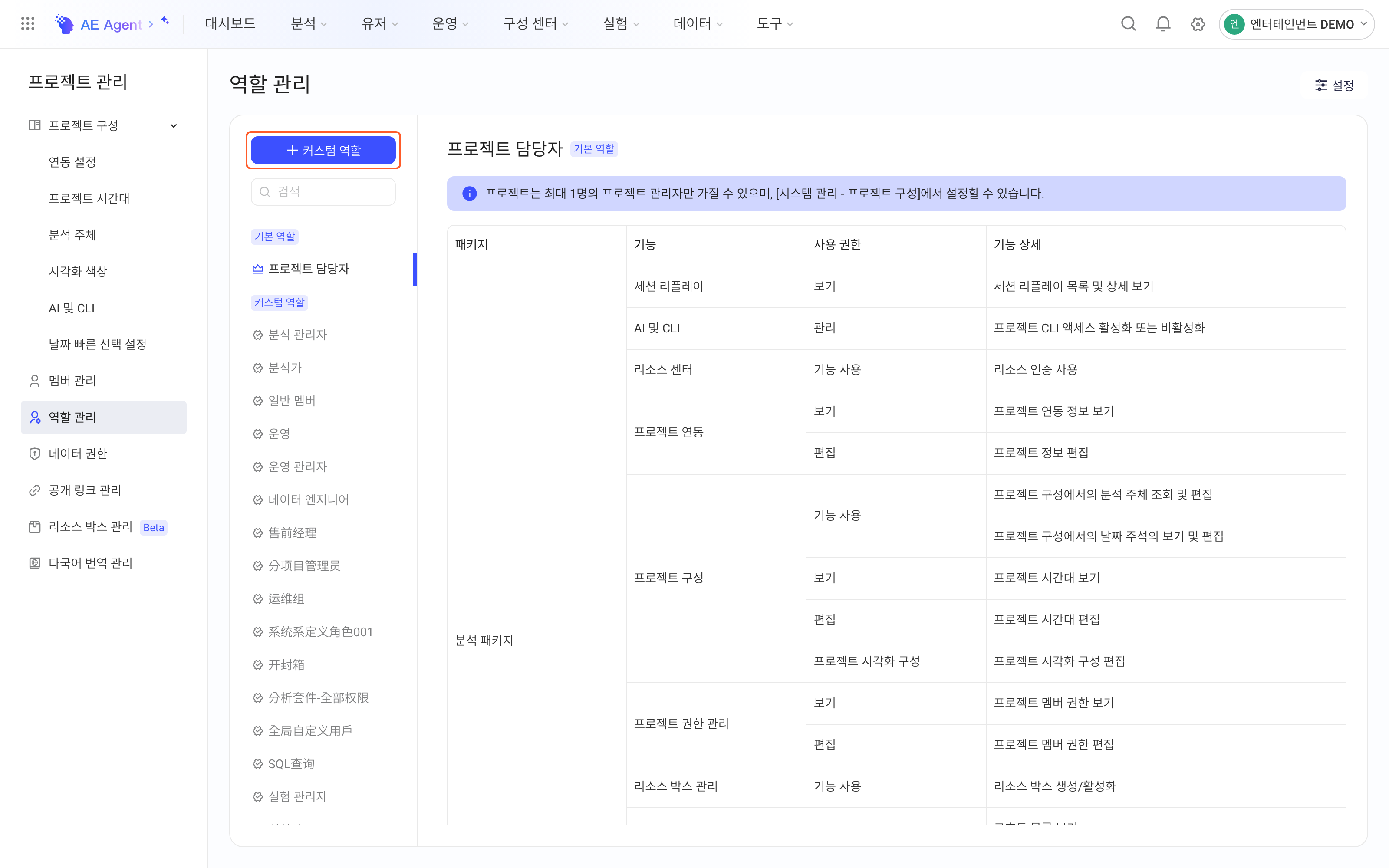 角色管理页，框出角色列表上方的「+ 自定义角色」按钮