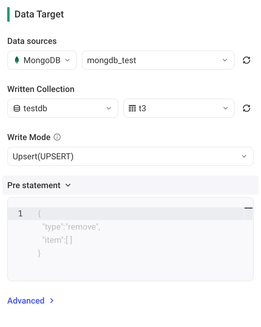 集成方案的数据去向选 MongoDB，配置写入集合、写入模式和前置语句
