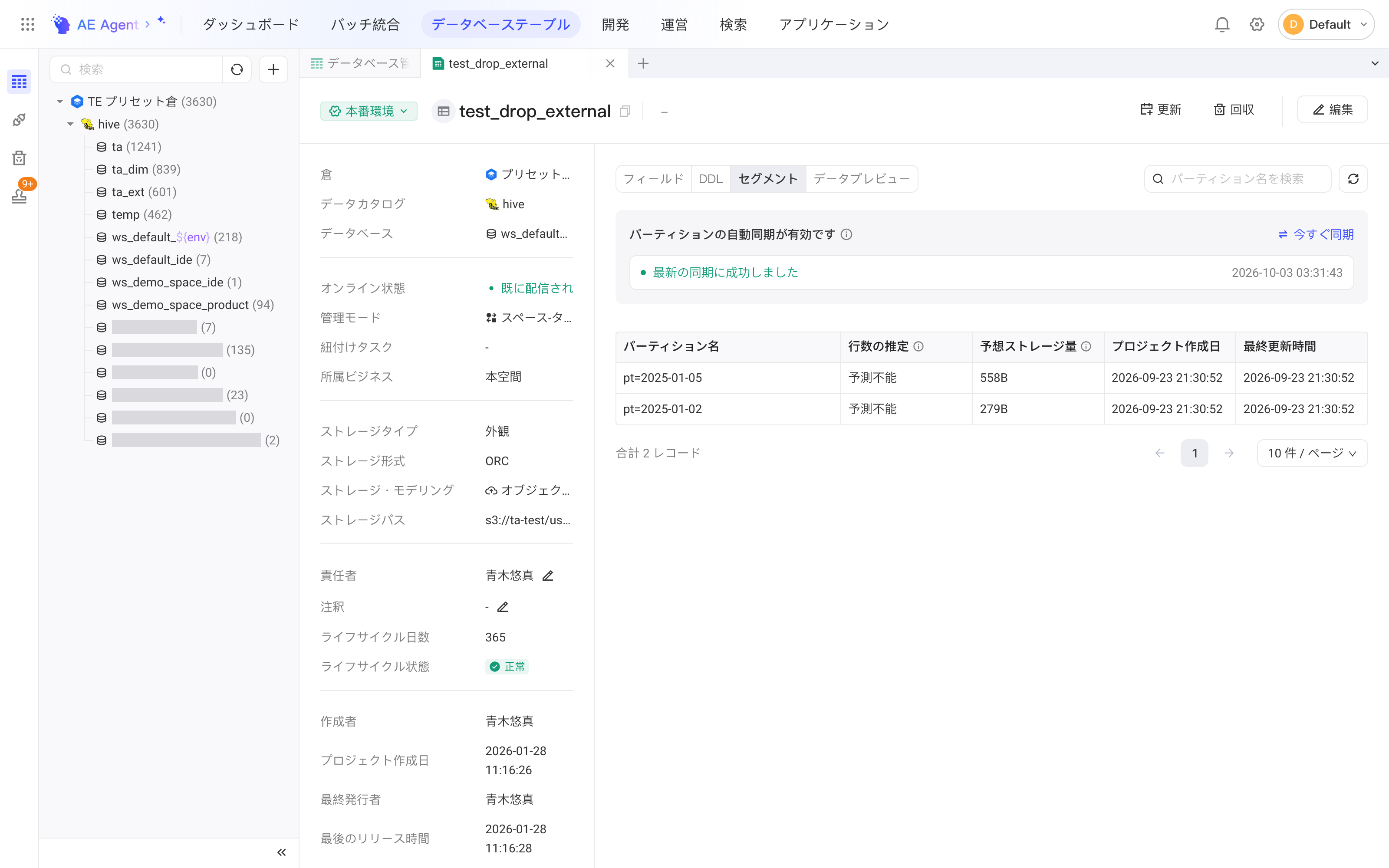 外部分区表详情的分区页签，顶部显示已开启自动同步分区、立即同步和最新同步成功时间