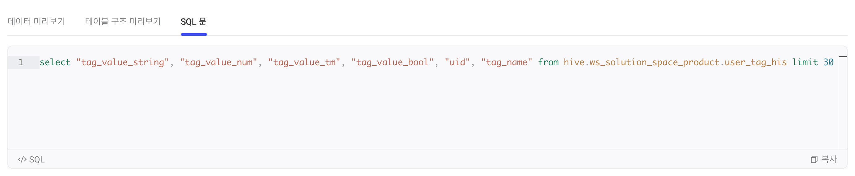「SQL 语句」tab 显示预览用的查询语句和复制按钮