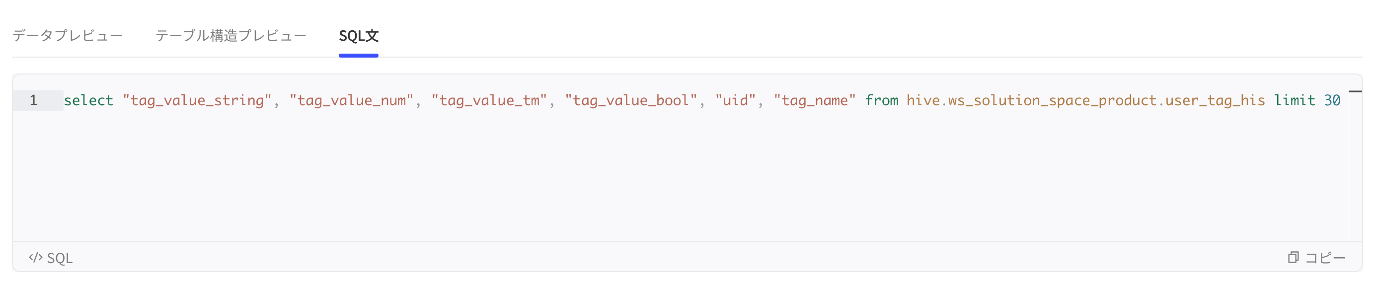 「SQL 语句」tab 显示预览用的查询语句和复制按钮