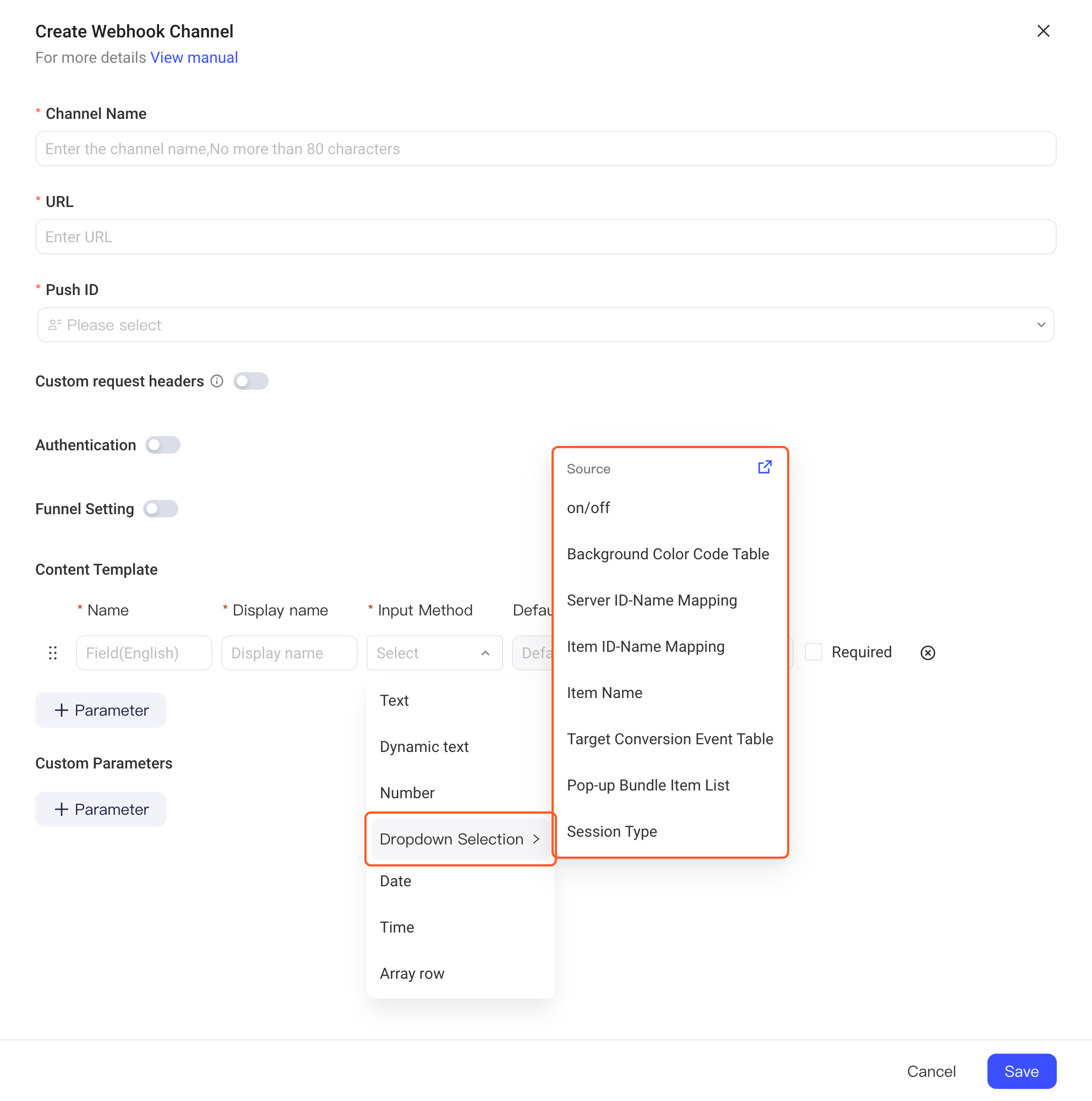 新建 Webhook 通道抽屉中，内容模板的输入方式选单选下拉后列出可选配置表