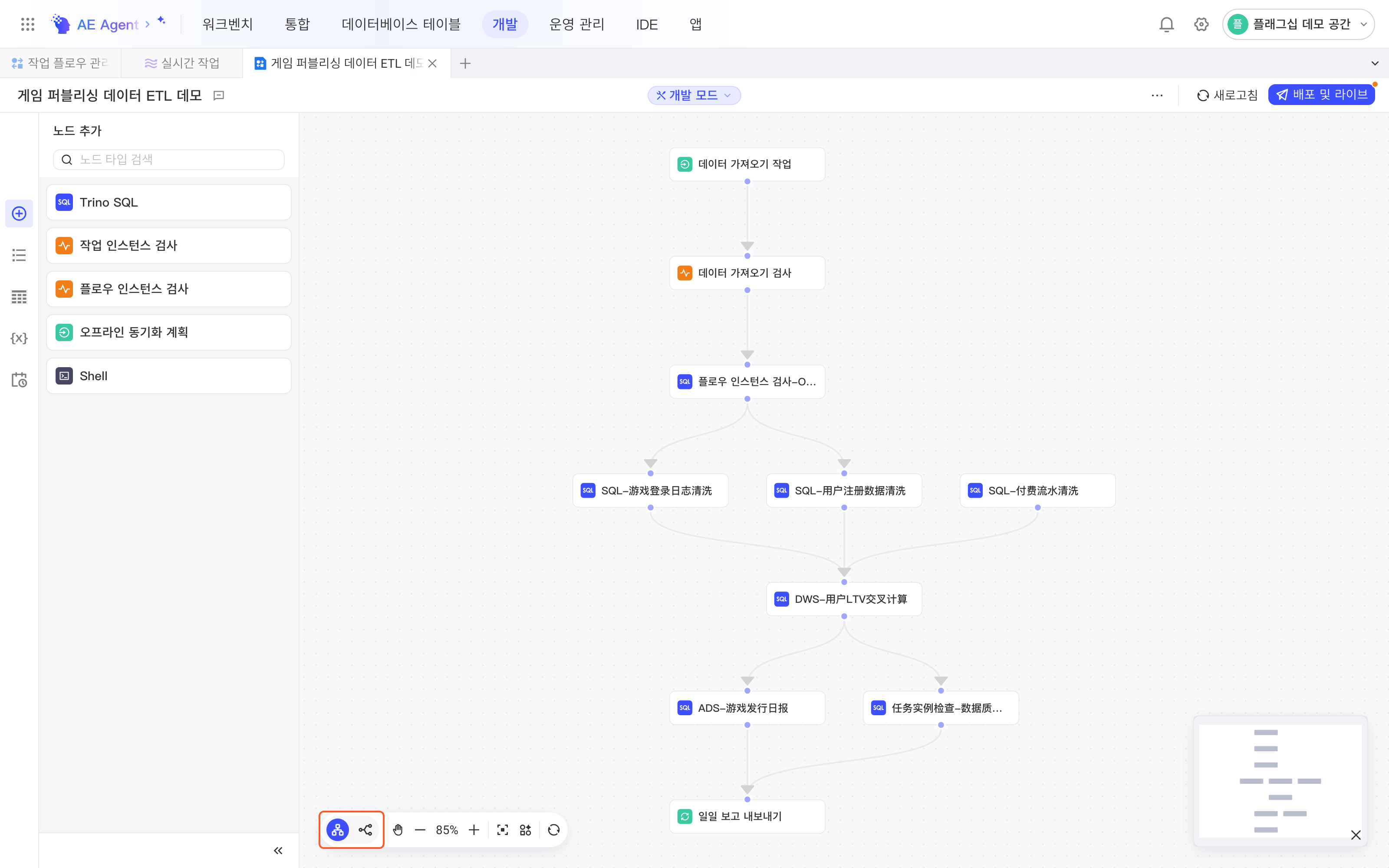 开发模式下的任务流详情页，框出 DAG 工具栏左端的纵向、横向排布切换