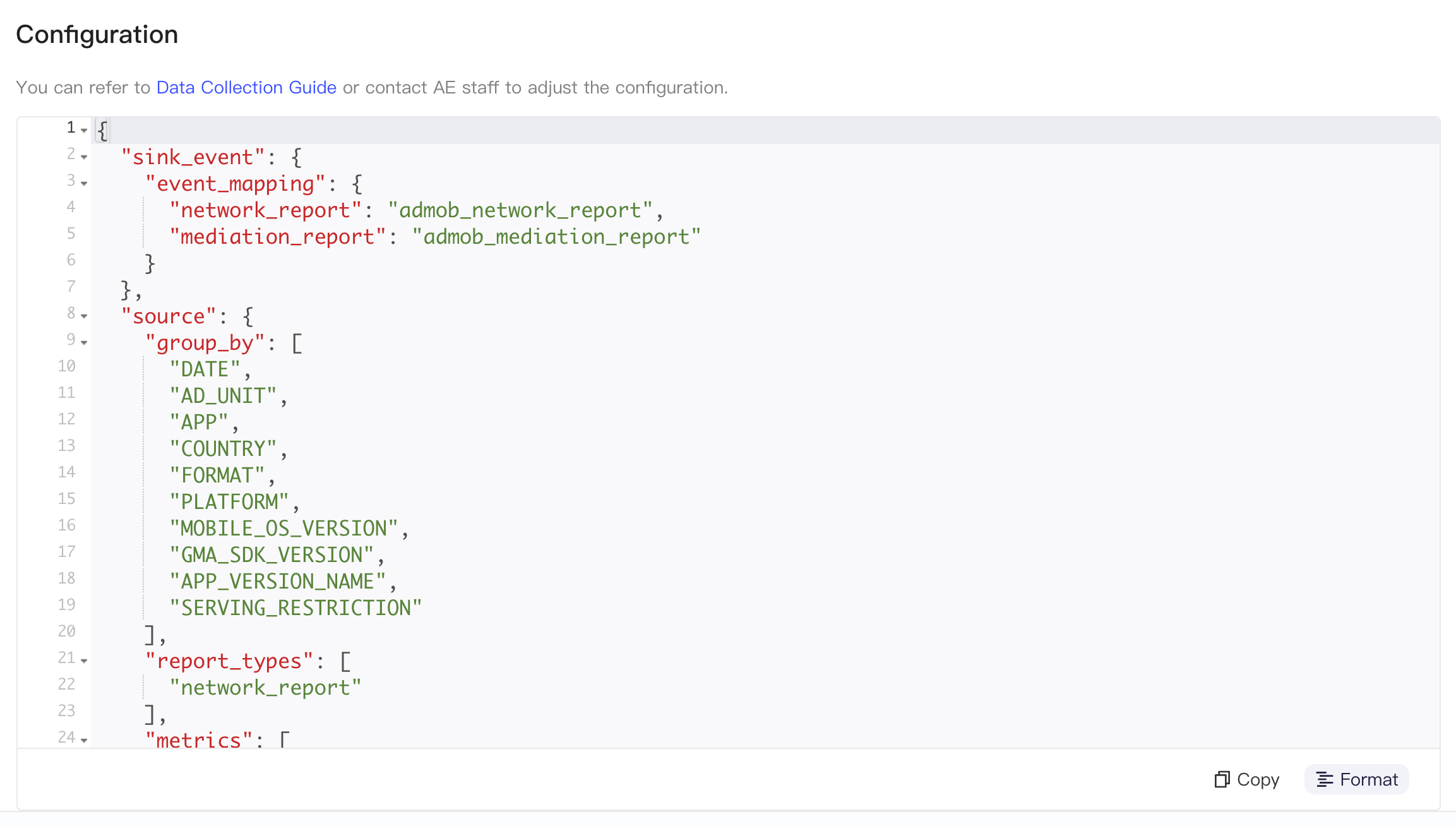 Google AdMob 方案的集成配置区块，格式化后的 JSON 含事件映射、报表类型、指标和分组