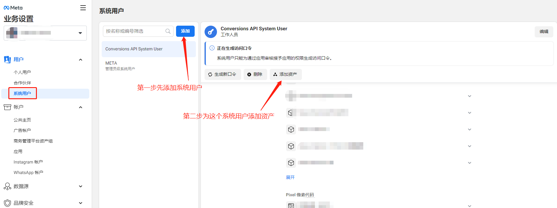 Meta 业务设置的「系统用户」页，标注先「添加」系统用户、再为它「添加资产」