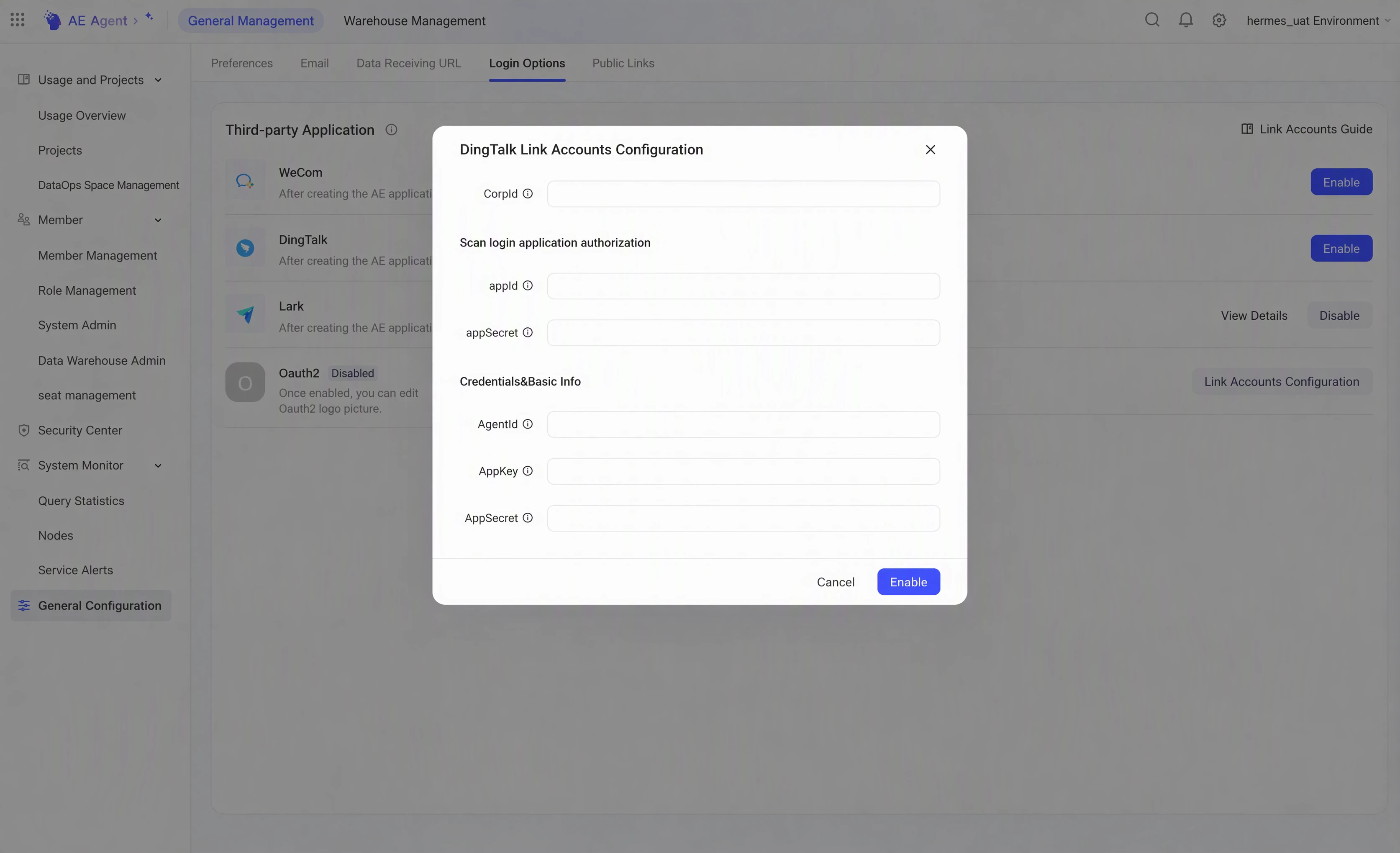 AE 通用配置「第三方登录」tab 的第三方平台管理列表和「钉钉绑定配置」弹窗