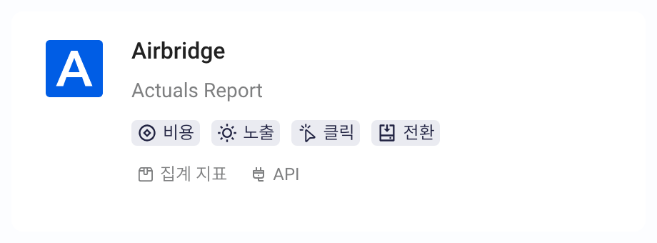 创建集成方案的平台列表中 Airbridge Actuals Report 卡片，含成本、曝光、点击、转化