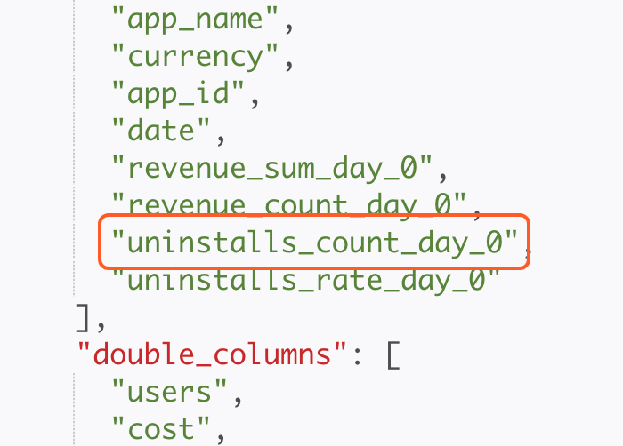 集成配置 JSON 的 fields_whitelist 末尾新增 uninstalls 相关字段，框出新增项