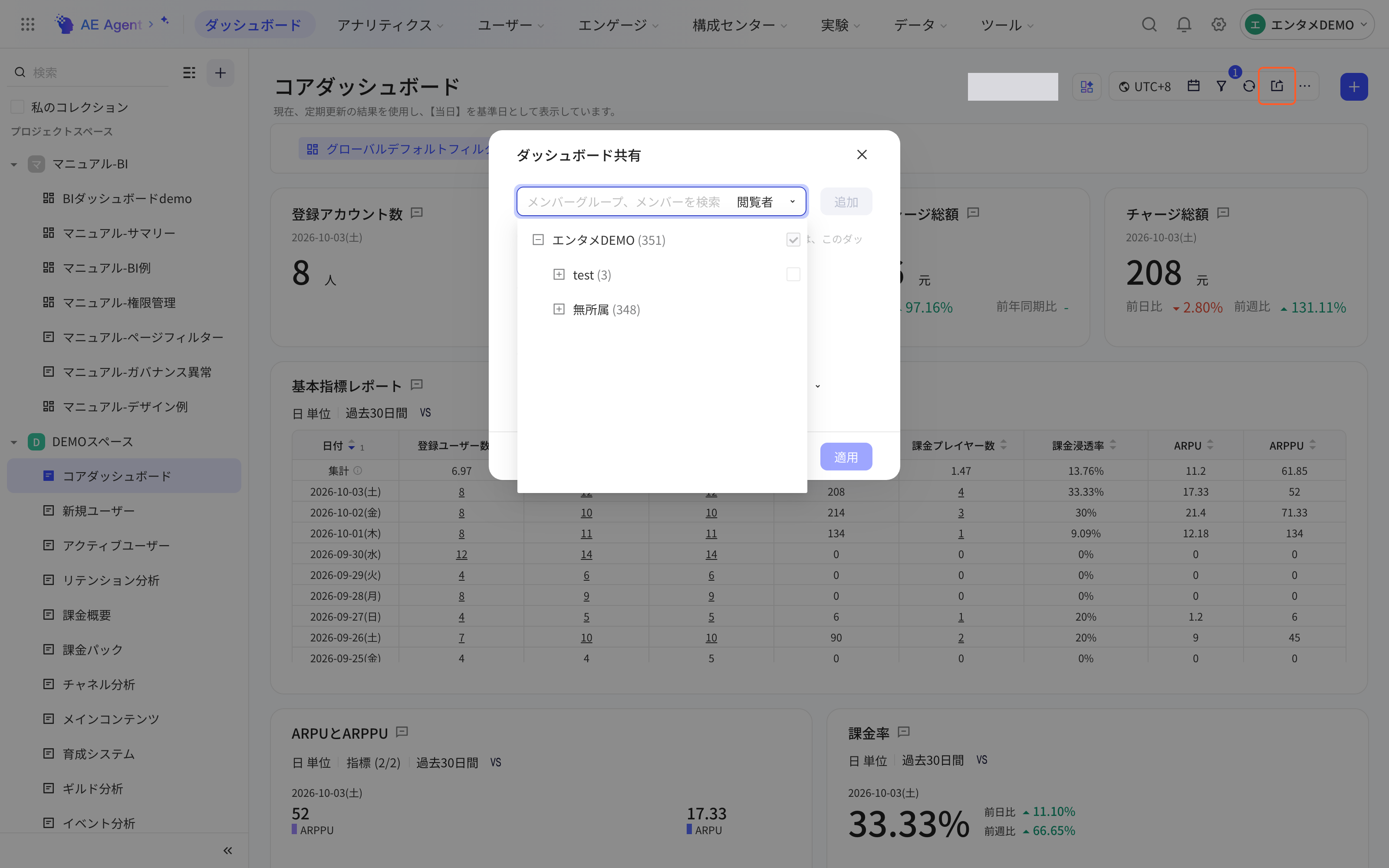 看板共享设置弹窗展开成员组、成员选择树，框出右上角分享按钮