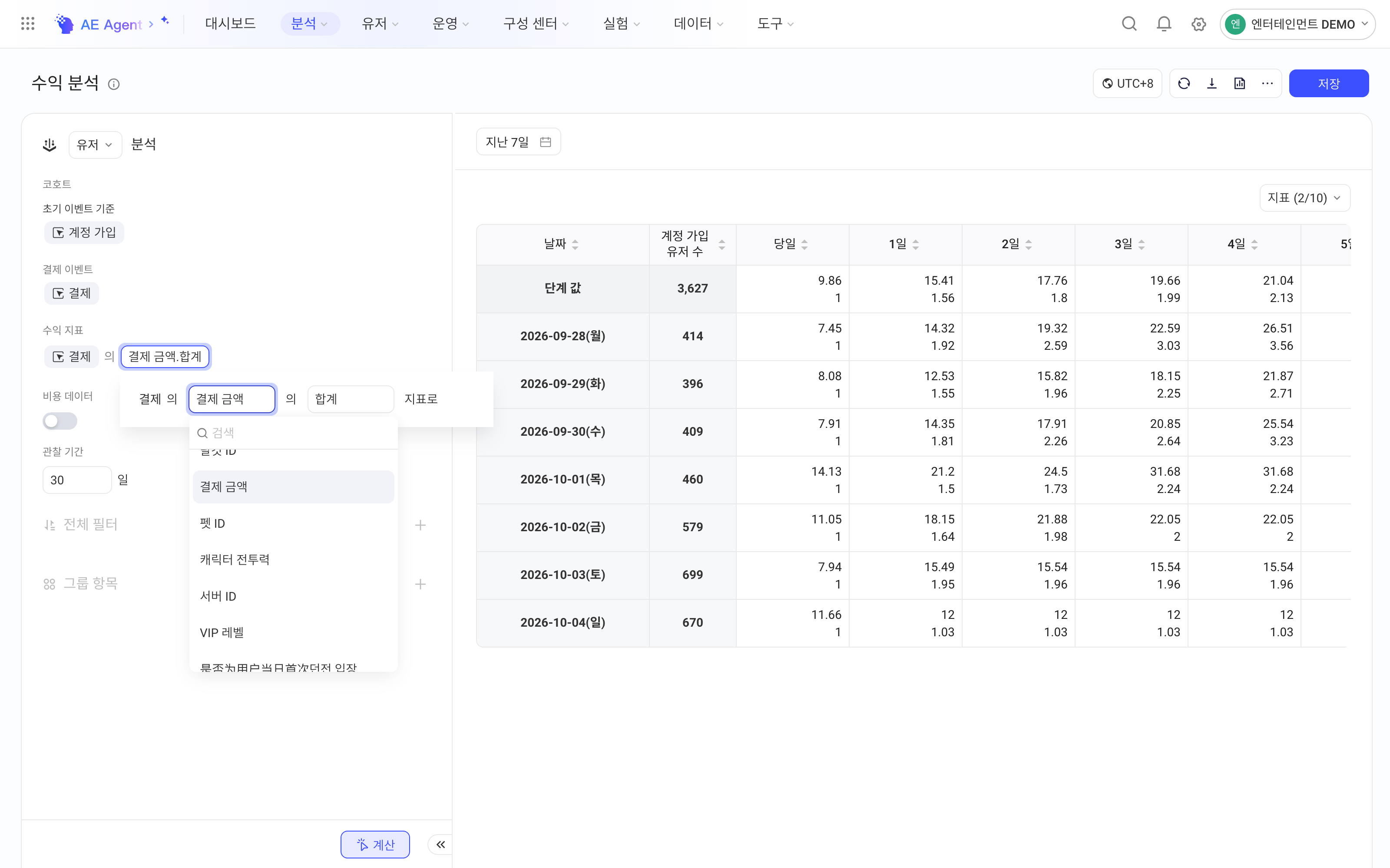 收入分析的收入口径面板，展开属性下拉并选中付费金额