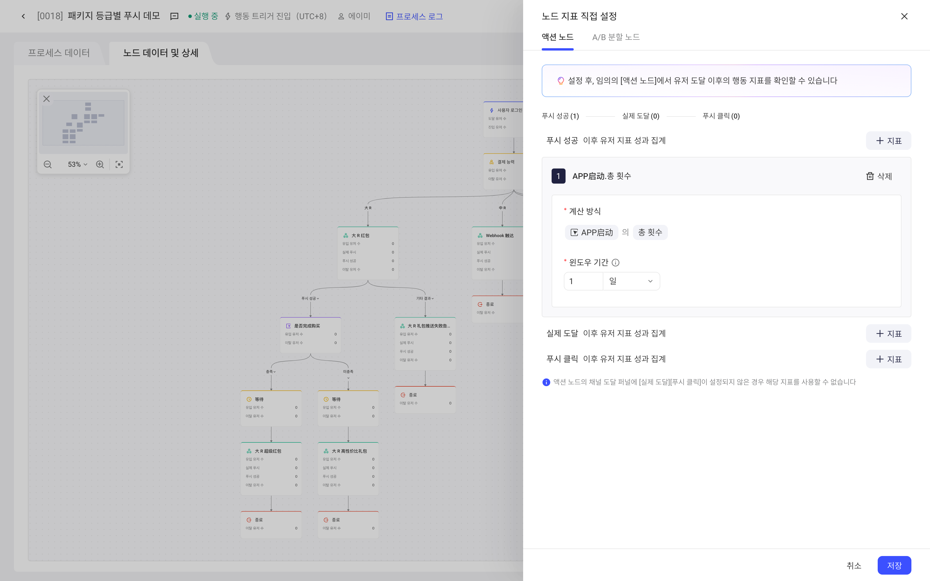 自定义指标抽屉，为动作节点、A/B分流节点添加触达后的效果指标