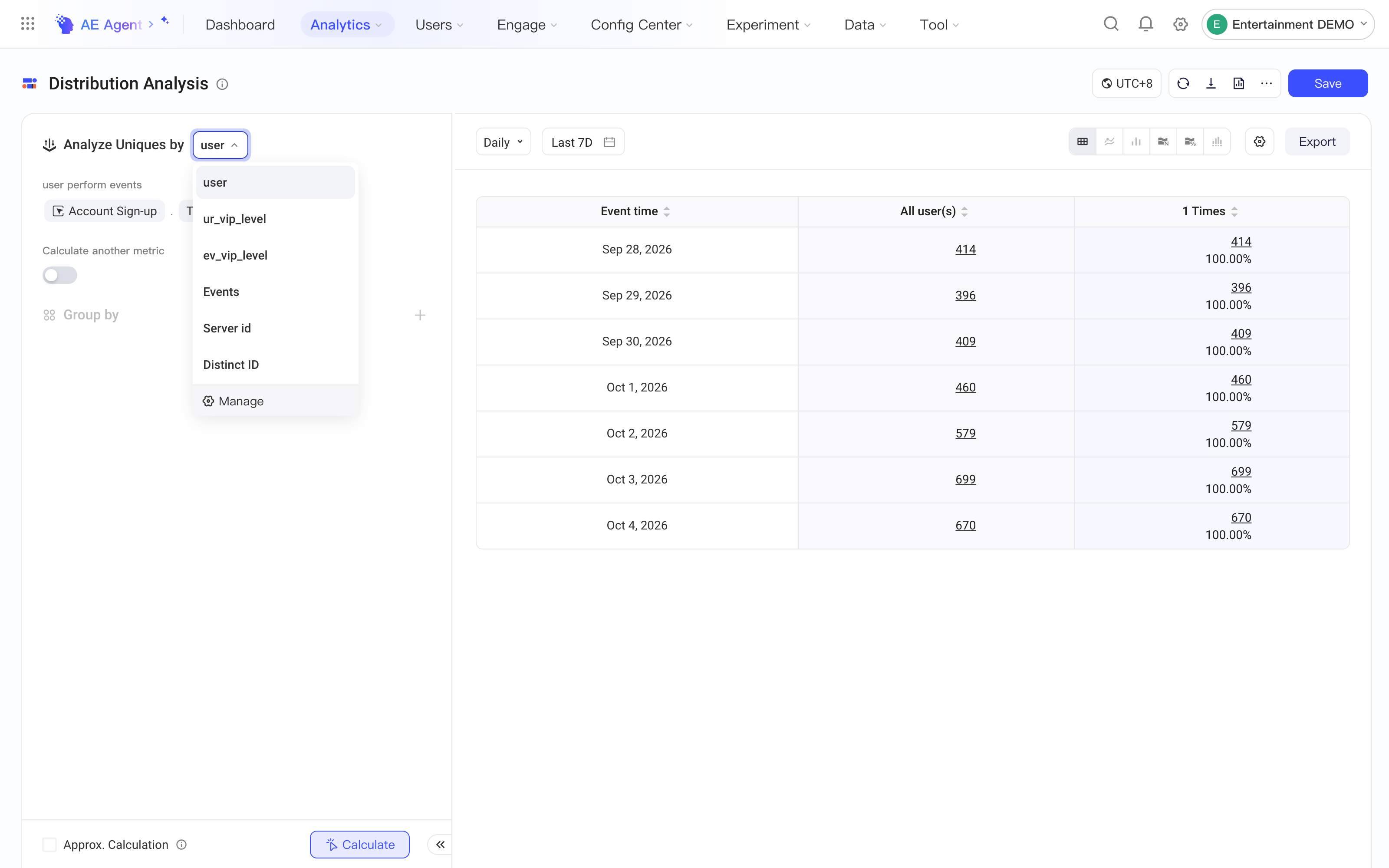 分布分析的分析主体下拉，悬停「用户」时显示说明和来源属性