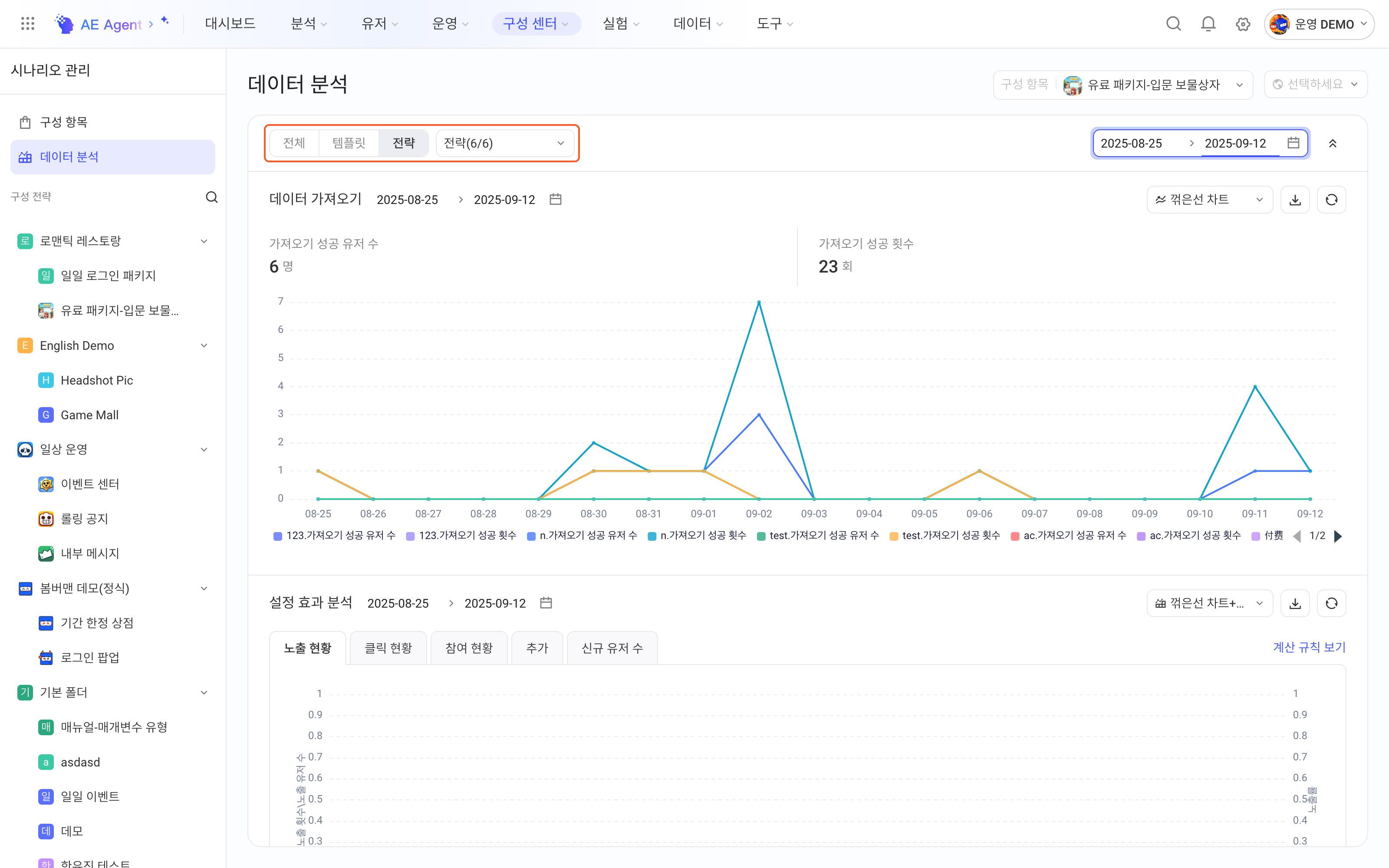 数据分析报告切换到策略视角，框出视角切换和策略下拉选框