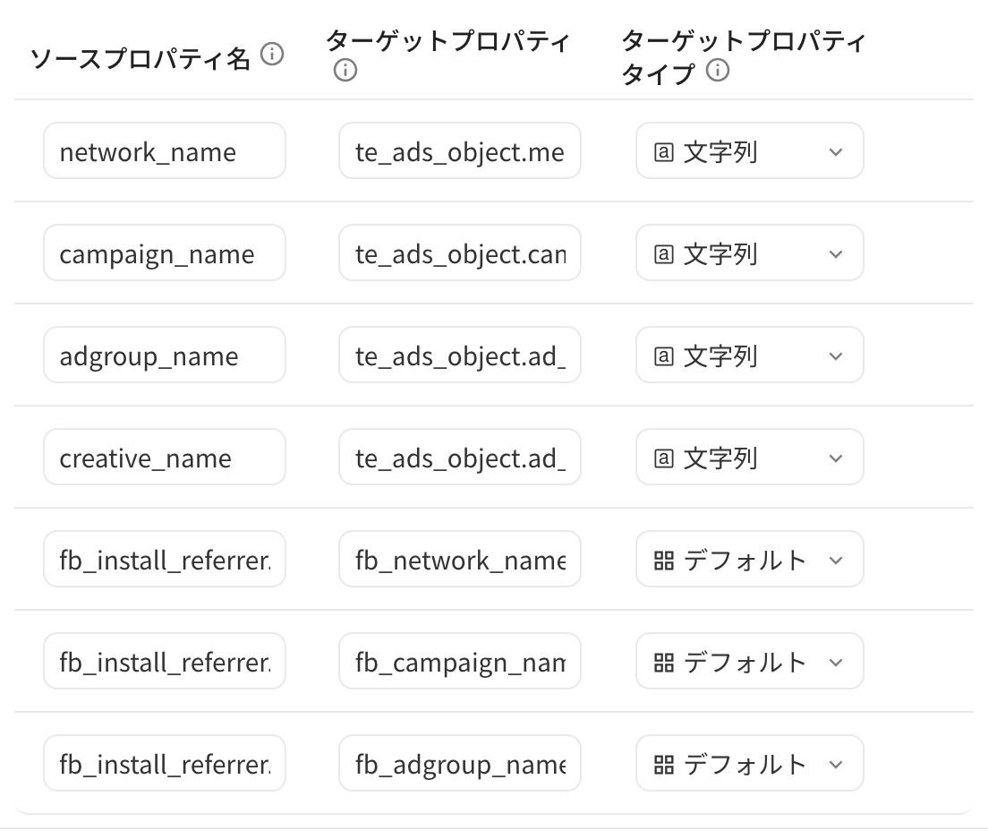 属性入库规则：预置字段映射为 #adjust_ 属性，fb_install_referrer 字段映射为 fb_ 属性
