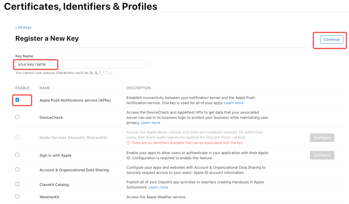 苹果开发者后台「Register a New Key」页，框出 Key Name 输入框、勾选的 APNs 服务和「Continue」按钮