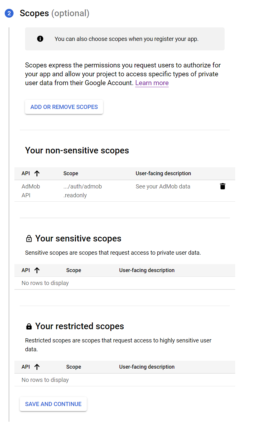 创建凭证的 Scopes 步骤，已含 admob.readonly，可直接 SAVE AND CONTINUE