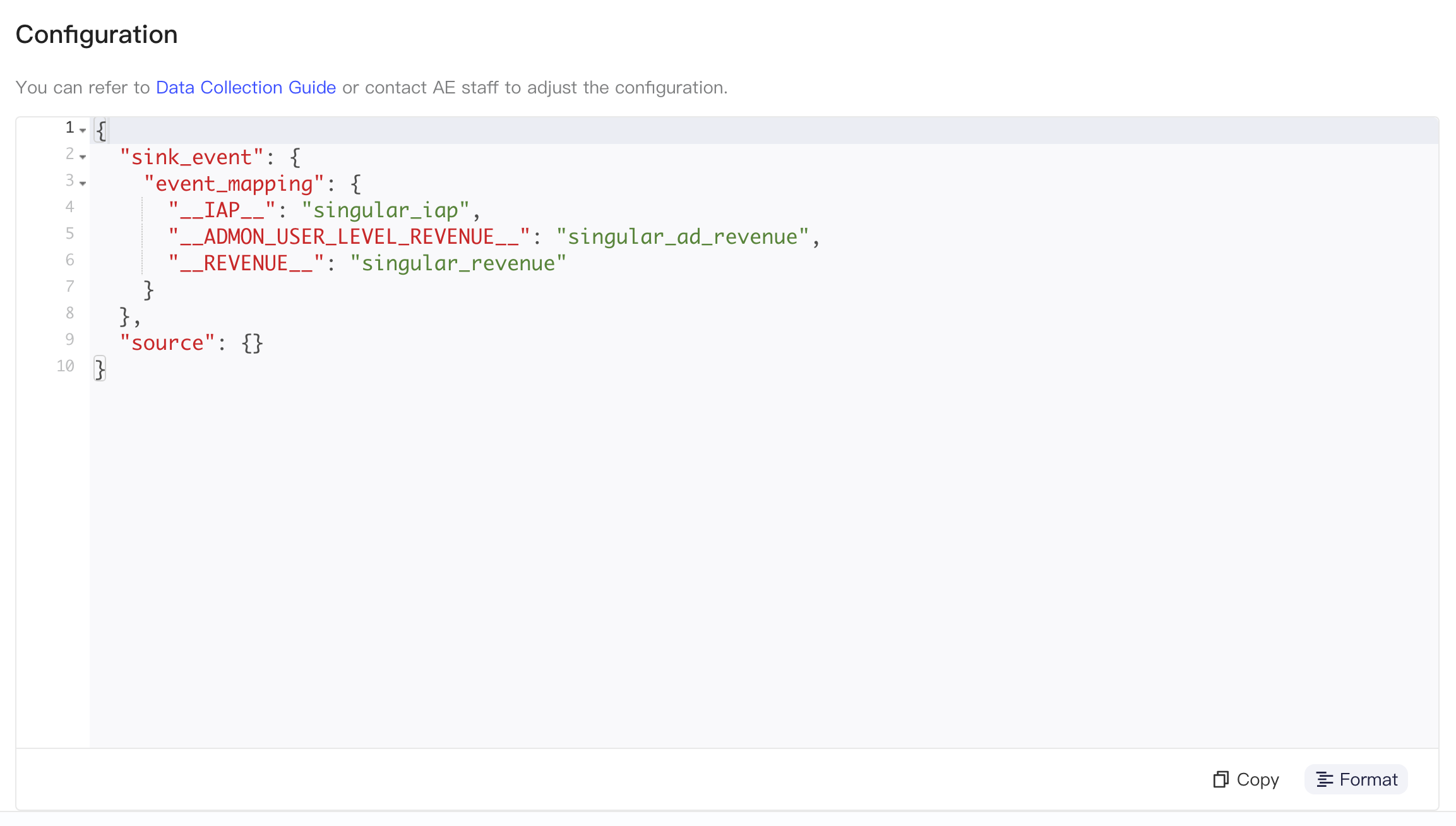 集成配置区块中格式化后的 JSON，把 Singular 收益事件映射为入库事件名