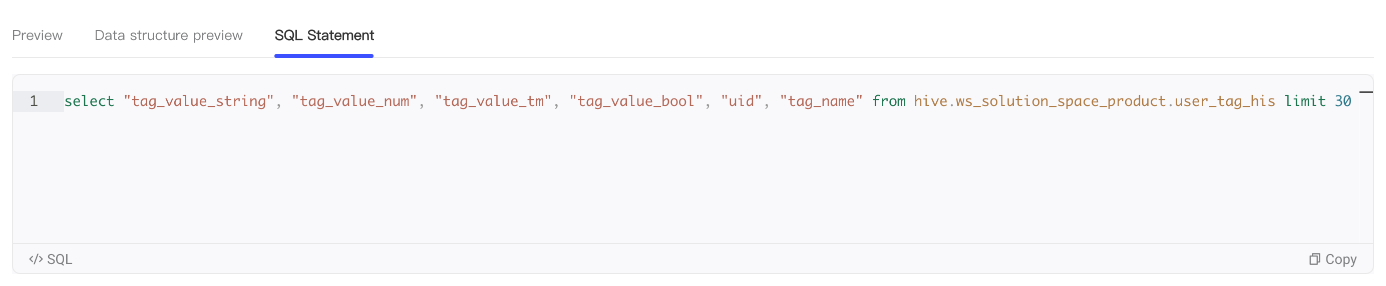 「SQL 语句」tab 显示预览用的查询语句和复制按钮