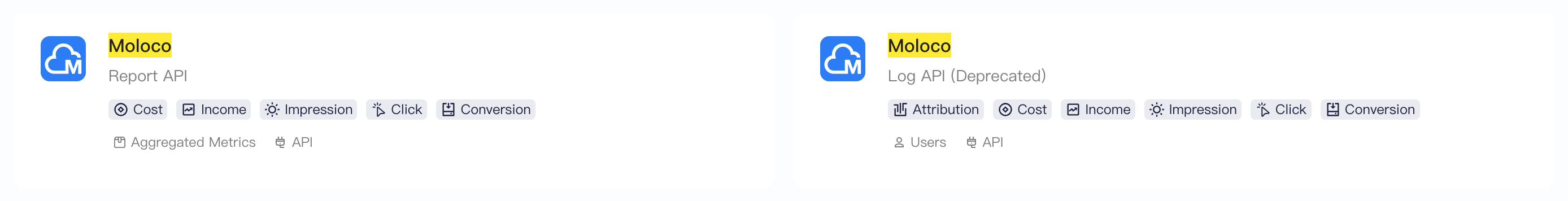 三方集成平台列表中 Moloco 的 Report API 与 Log API 两张接口卡片