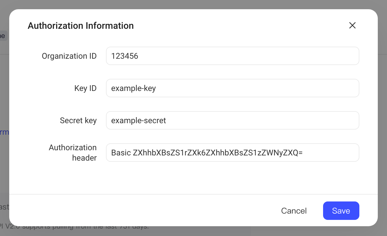 V2.0 授权信息弹窗：填写 Organization ID、Key ID、Secret key 和授权头