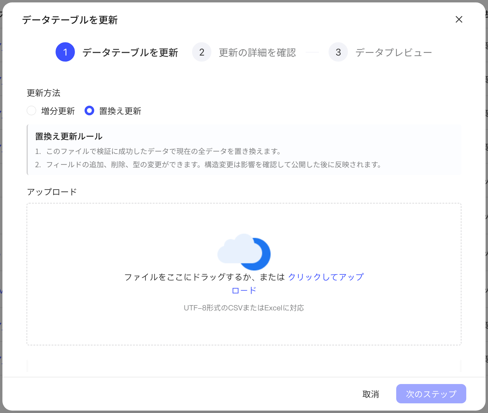 更新数据表弹窗，更新方式选「替换更新」，下方是替换更新规则和上传区