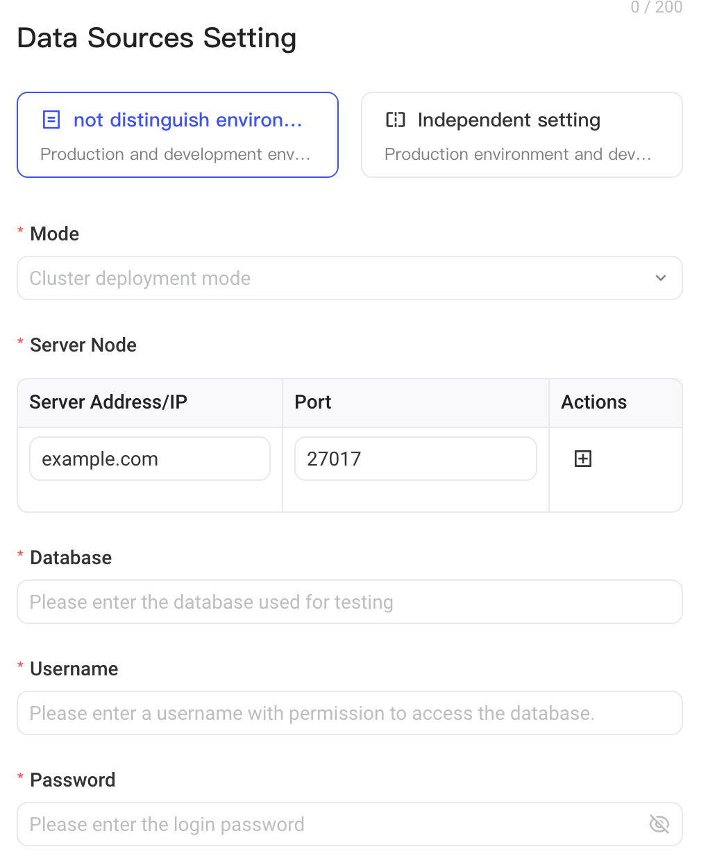 新增 MongoDB 数据源的配置：部署模式、服务器节点、数据库、用户名和密码