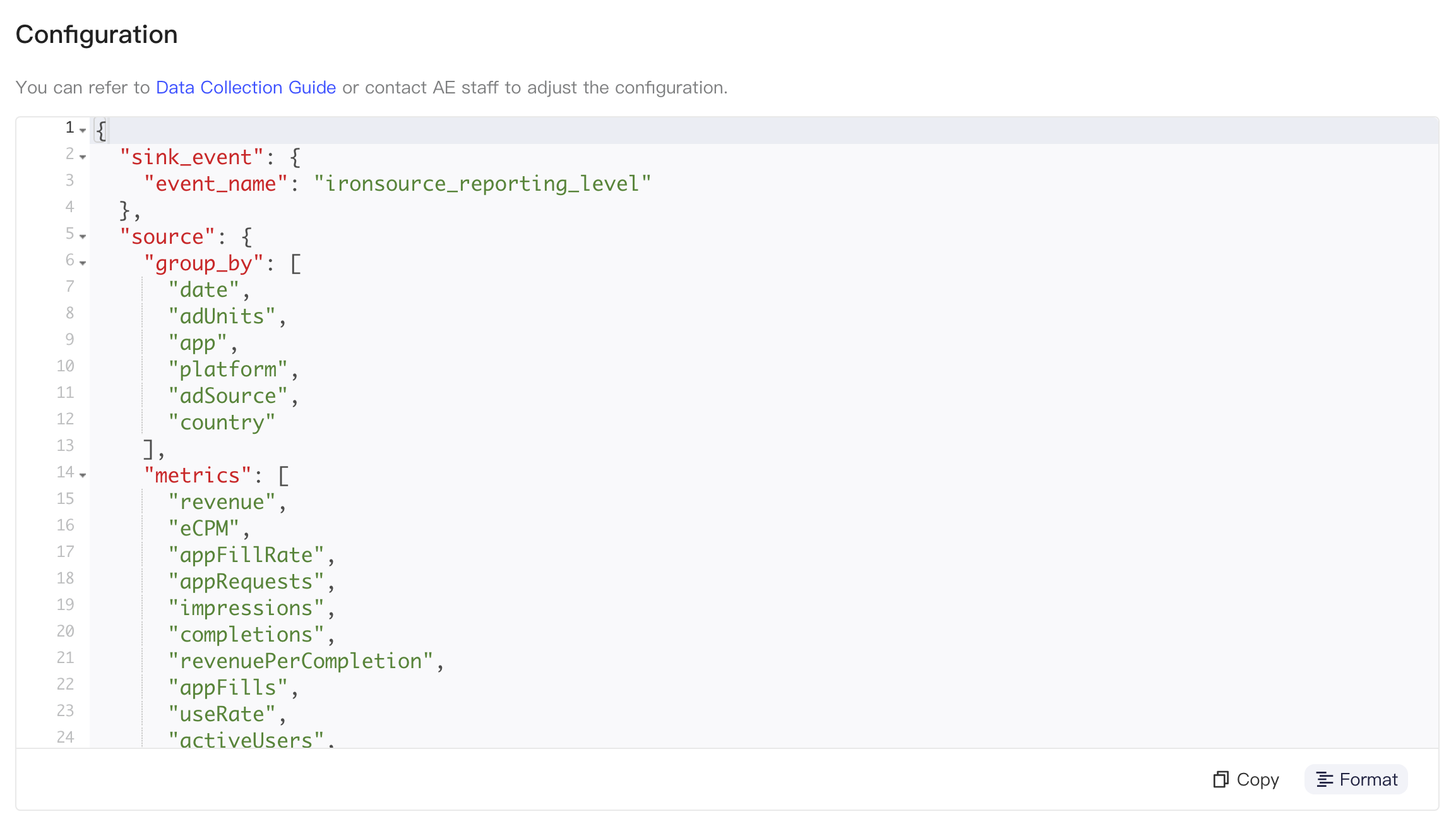 ironSource Reporting API 的集成配置 JSON，含入库事件名、分组维度和拉取指标