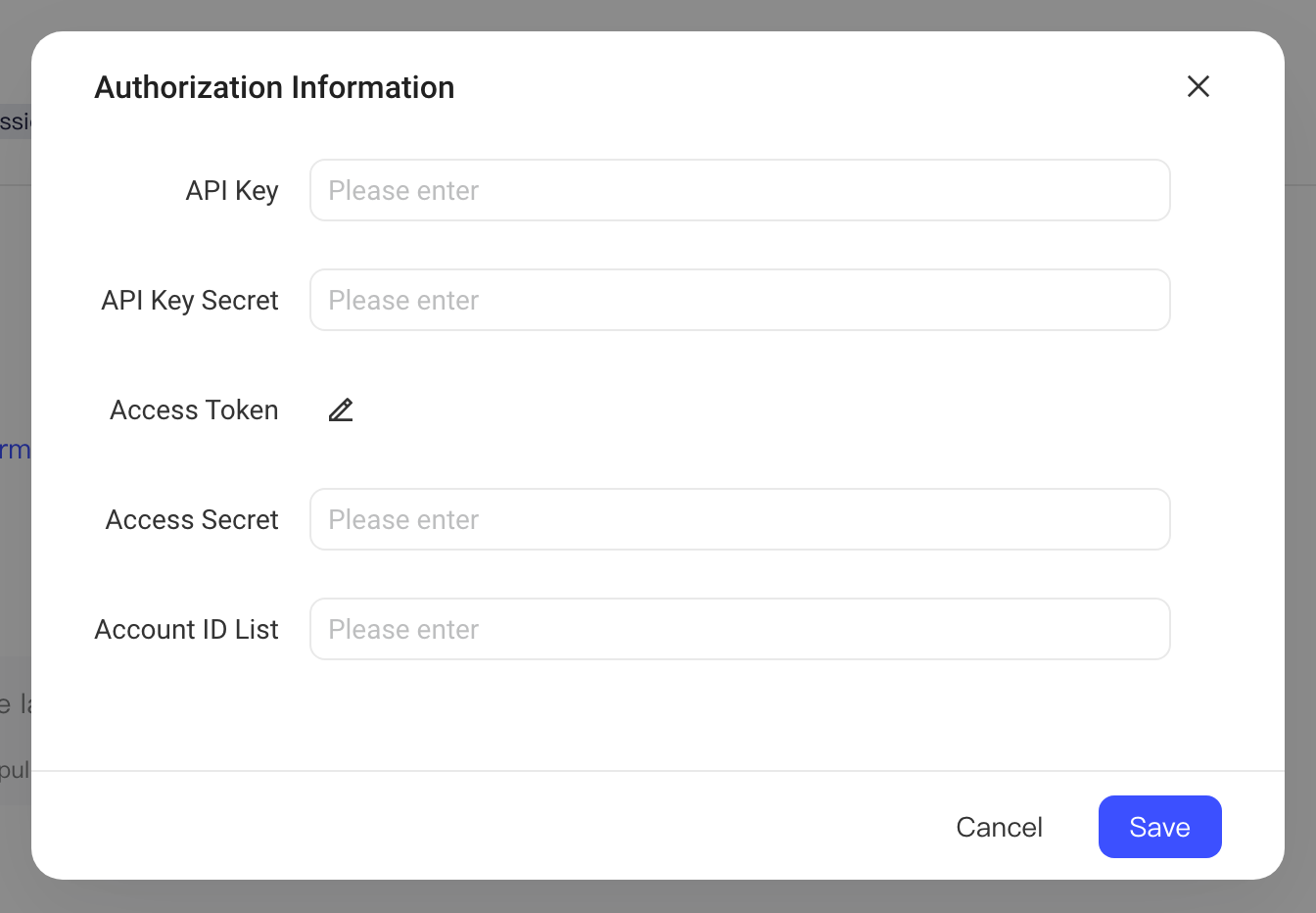Twitter Ads 授权信息弹窗，含 API Key、Access Token、Account ID List 等项