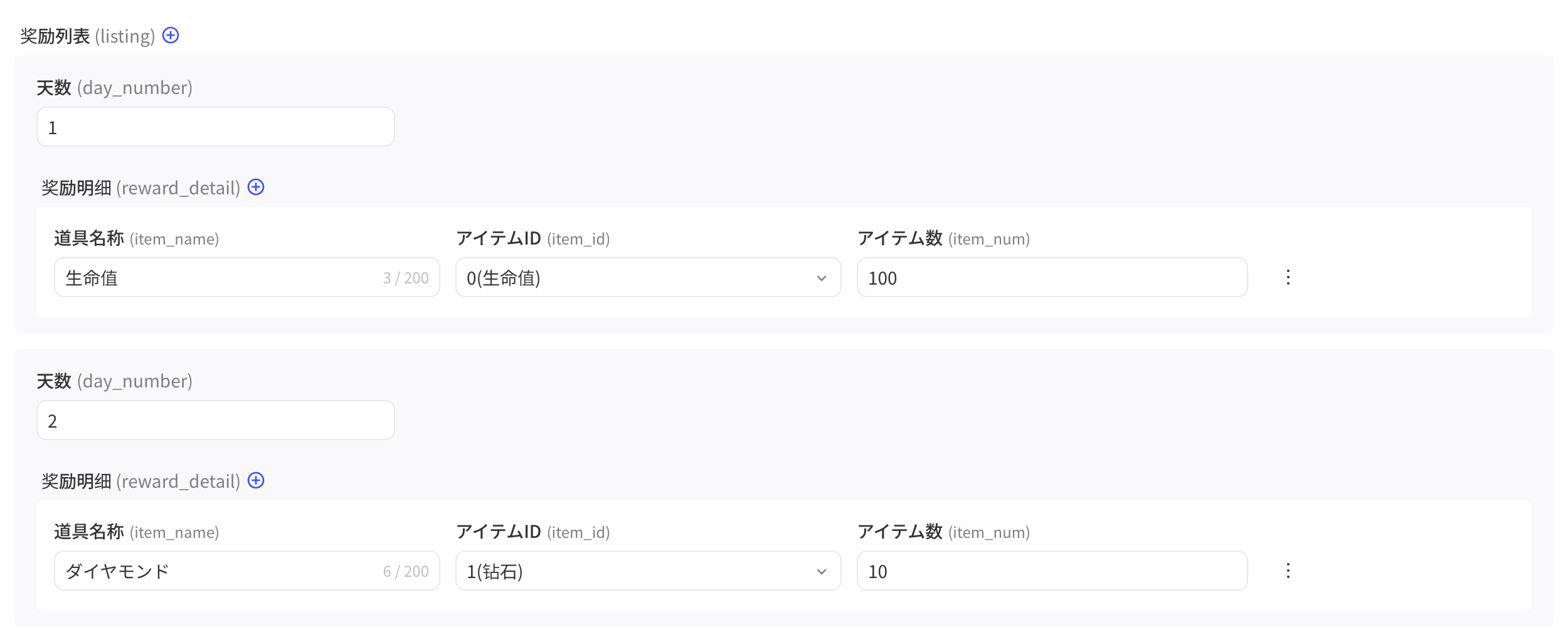 策略内容里多层嵌套的数组参数「奖励列表」，每组含天数和奖励明细数组的输入示例