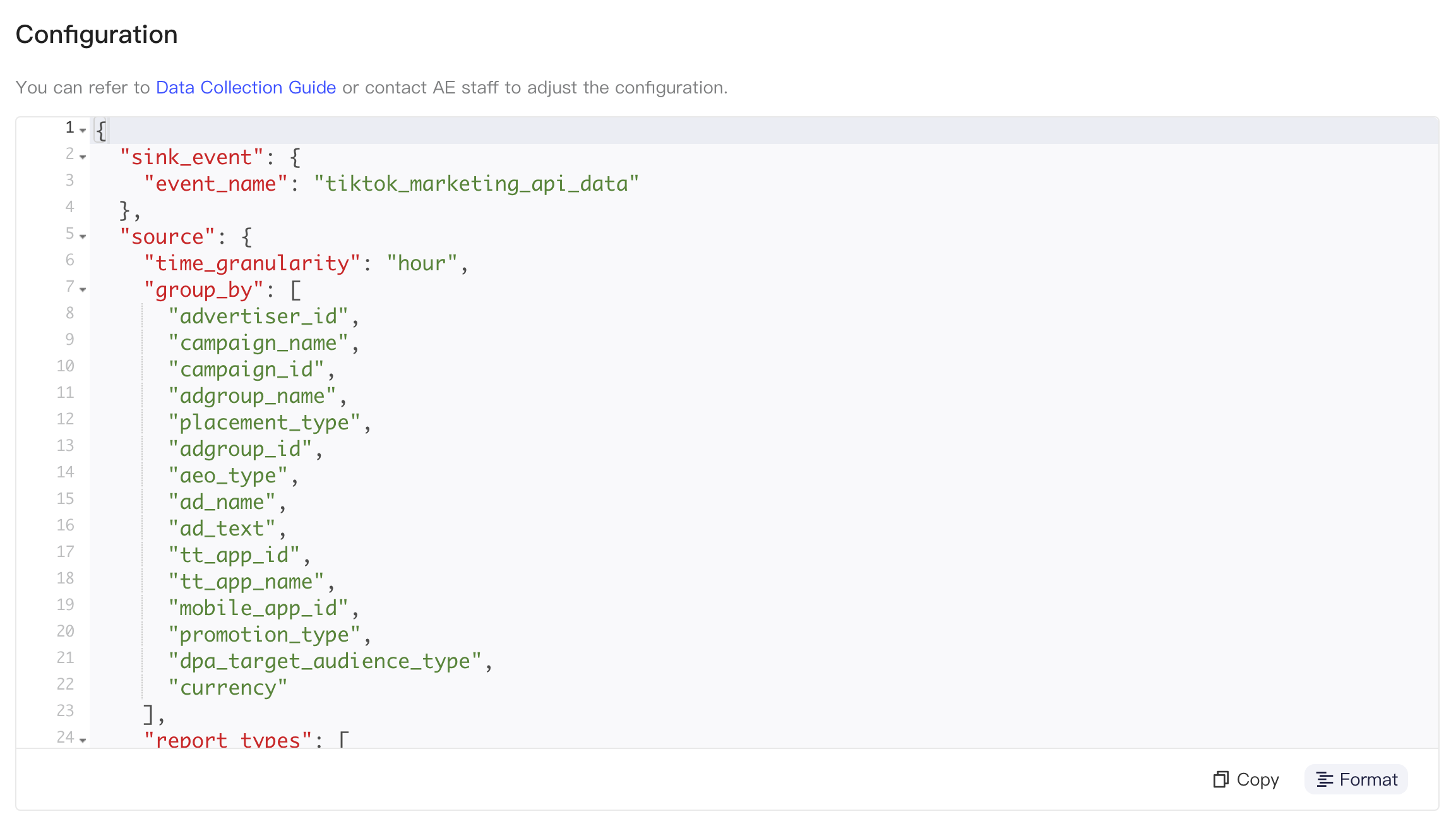 TikTok Ads Basic Report 的集成配置 JSON，含入库事件名、按小时粒度和分组维度